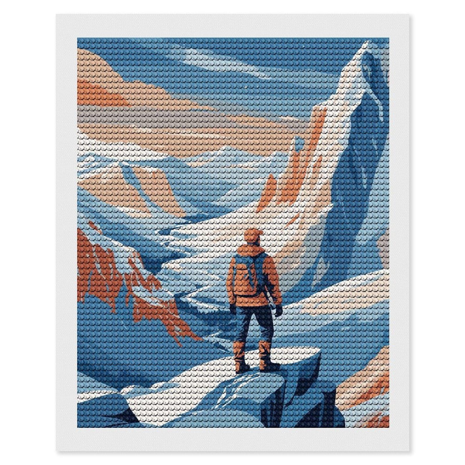 Junmoney Mountain Hiker Landscape Illustration Full Drill Diamond Painting Kit 16"x20", for Teens, Adhesive Canvas, Bedroom Decor, Holiday Gift Idea