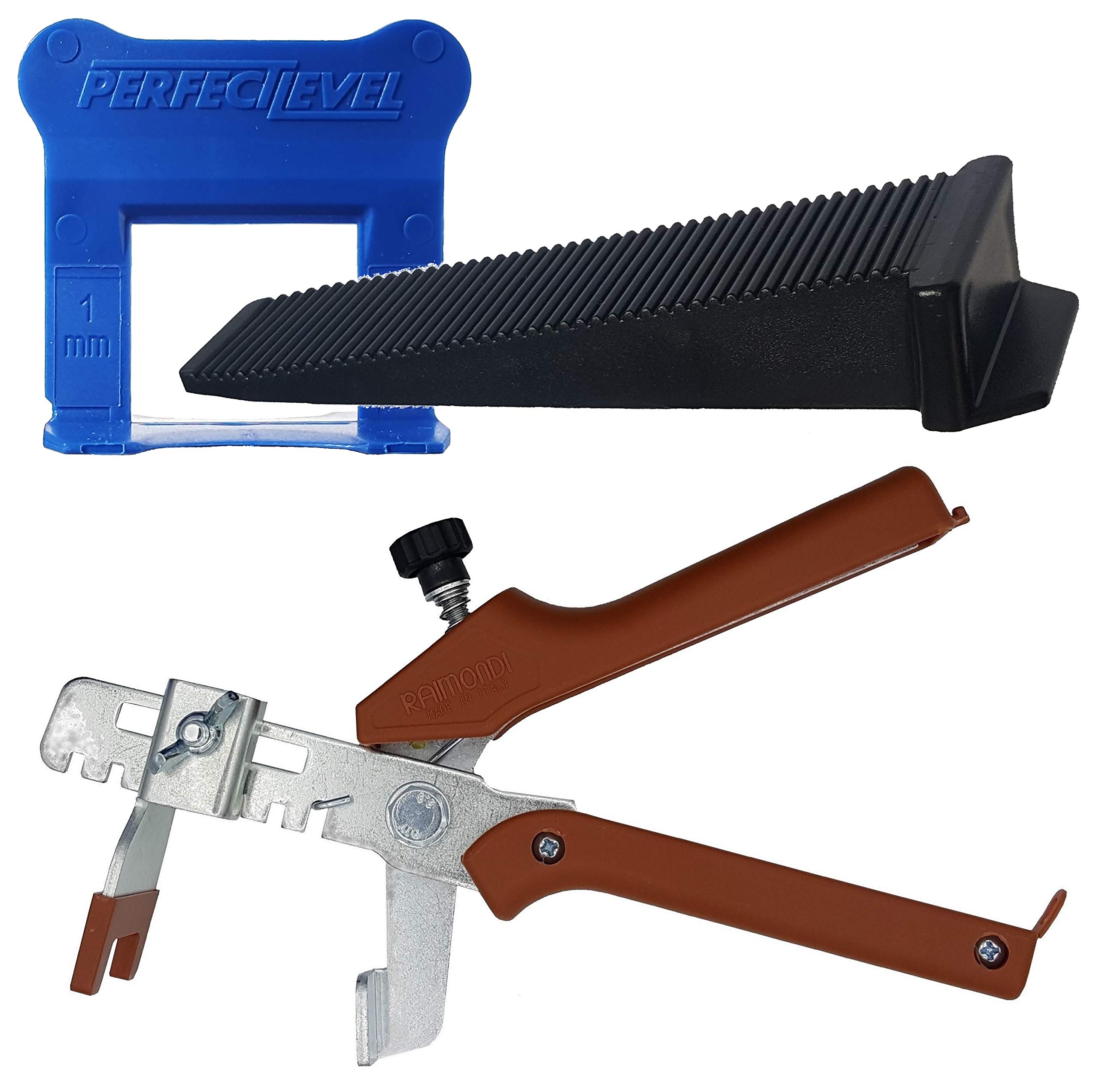 Kit nivellement carrelage 1mm 1500 clips (bases) + 500 coins (cales) + 1 pince métallique Raimondi. Perfect Level Pro, croisillon autonivelant professionnel