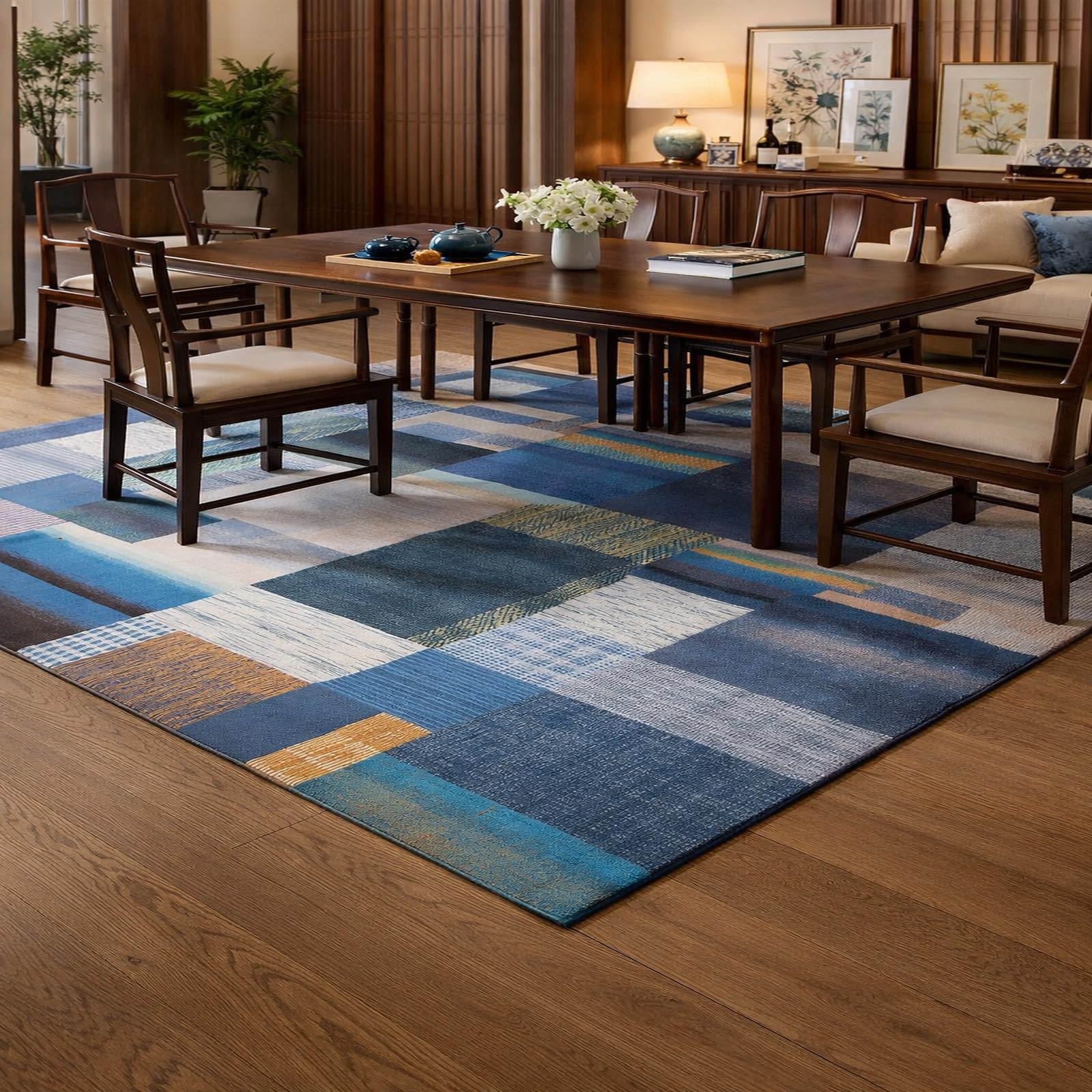 Alfombra grande lavable que no resbala Rururug de pelo corto azul para comedor