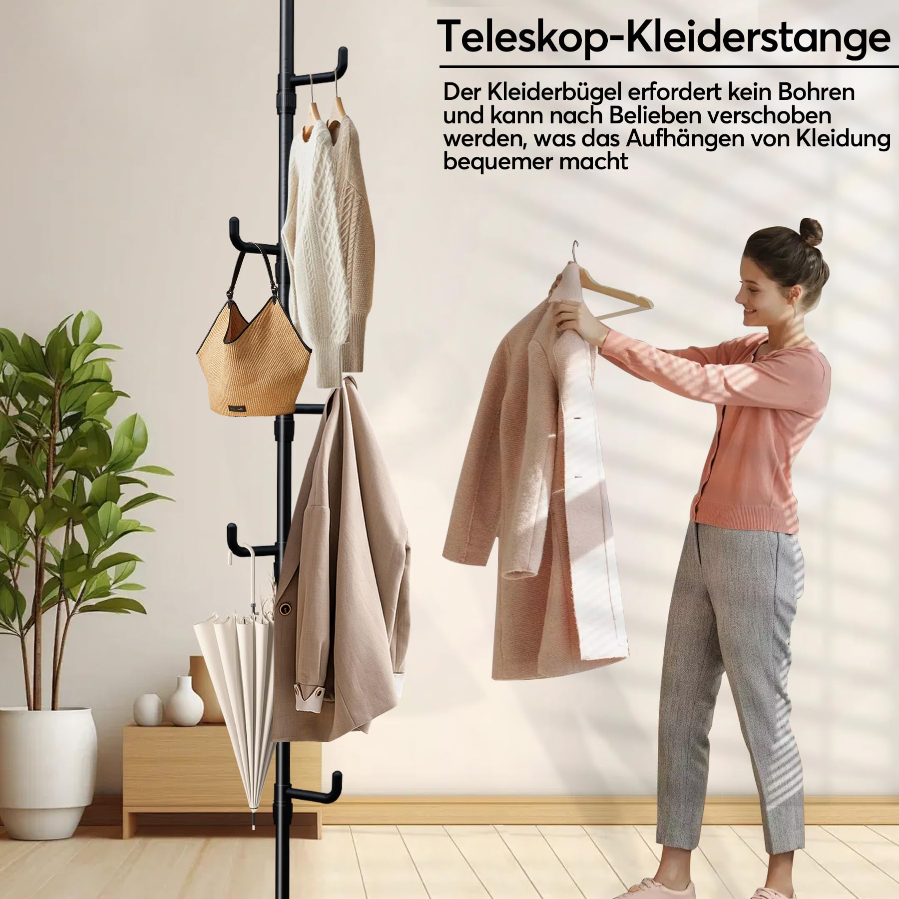 Teleskop kleiderständer mit 5 Haken, Schwarz Garderobenständer Ausziehbar 110-310cm, Kleiderstange Decke Ohne Bohren für Flur Schlafzimmer Wohnzimmer Büro Kleidung Hüte Taschen