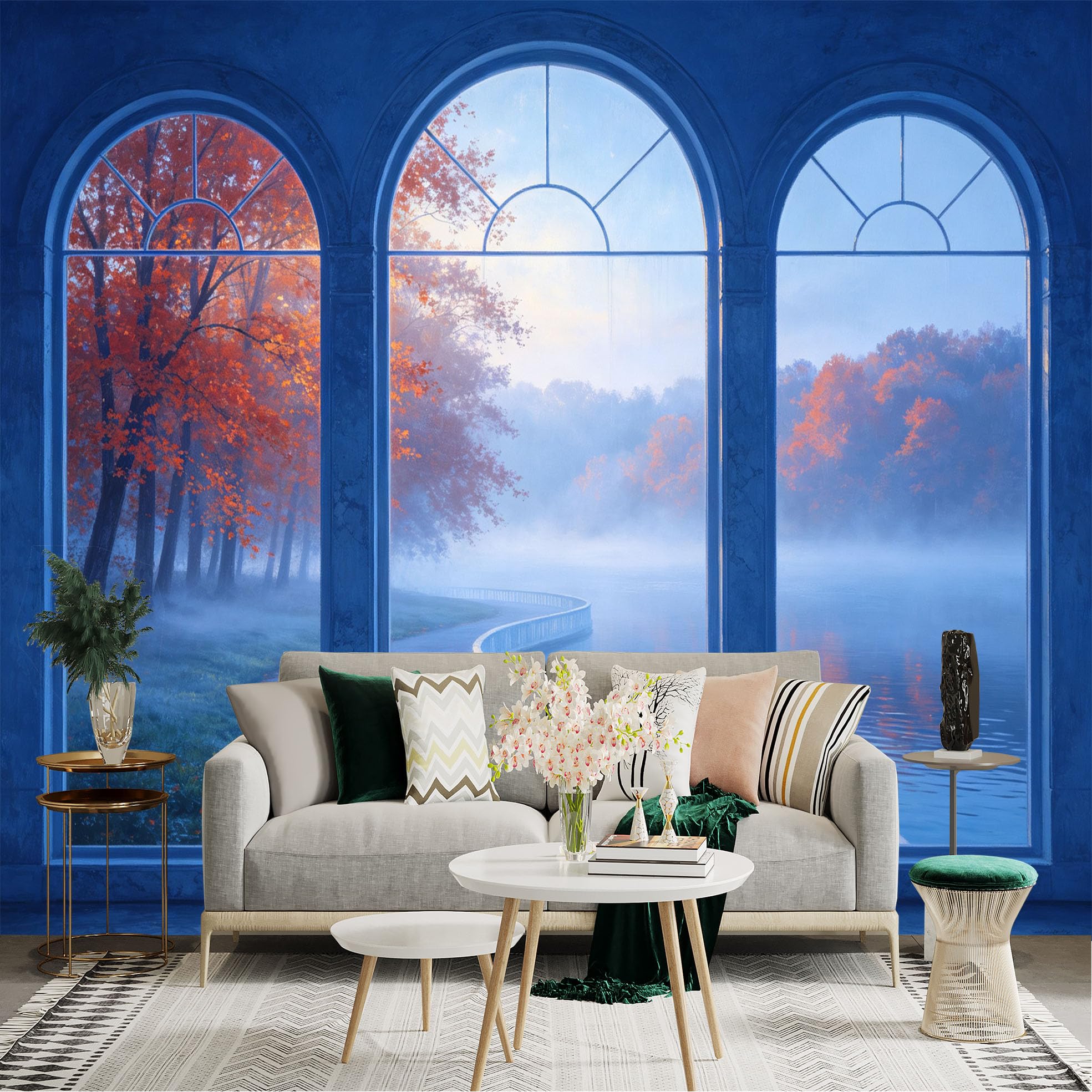 Custom Size Wall Sticker Mural， Autumn Lake View Through Arched Windows， Misty Morning Park Scenery， for wall Decoration， peelandstick wall Decals.