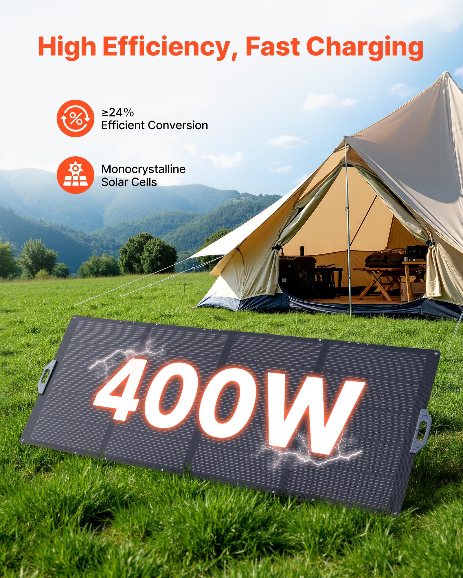 VEVOR Składany panel słoneczny 400 W, przenośny monokrystaliczny panel słoneczny z wyjściem MC4 i zasilaczem DC 10 w 1, wodoodporny IP67 do elektrowni, kempingu, wędrówek