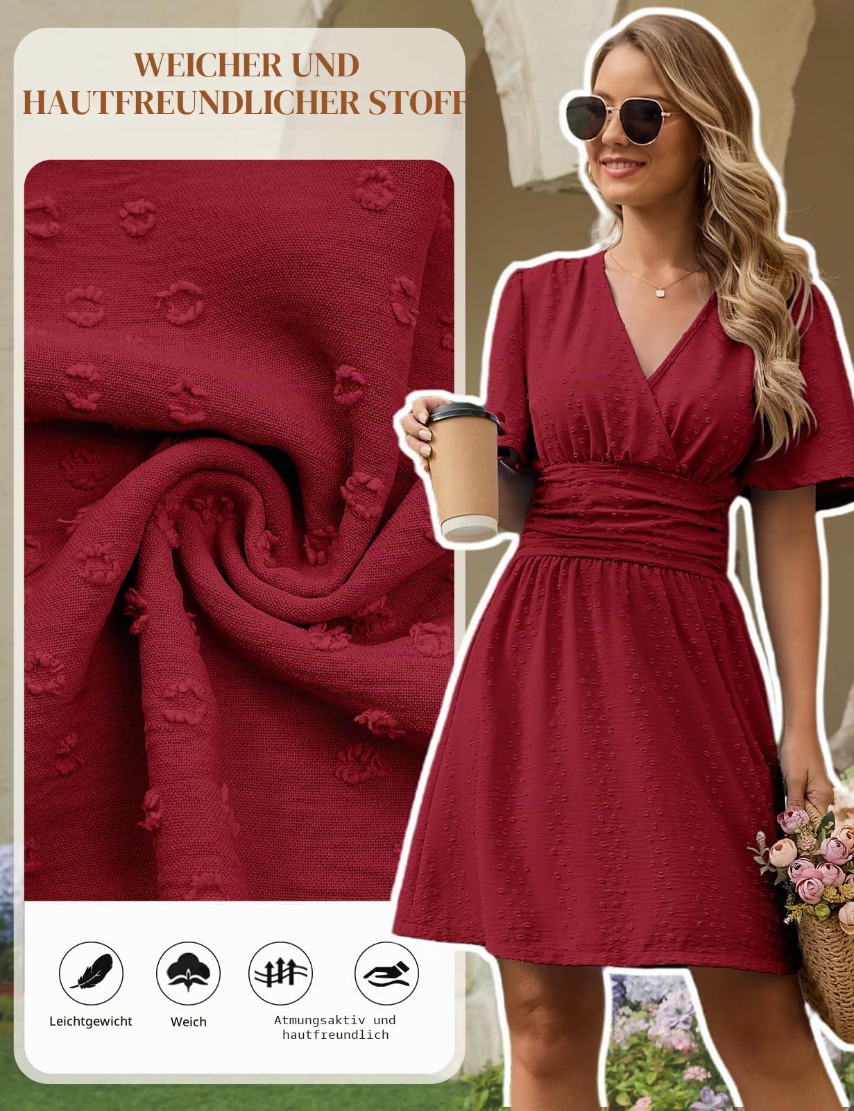 heekpek Damen Sommerkleid Kurzarm V-Ausschnitt A-Linie