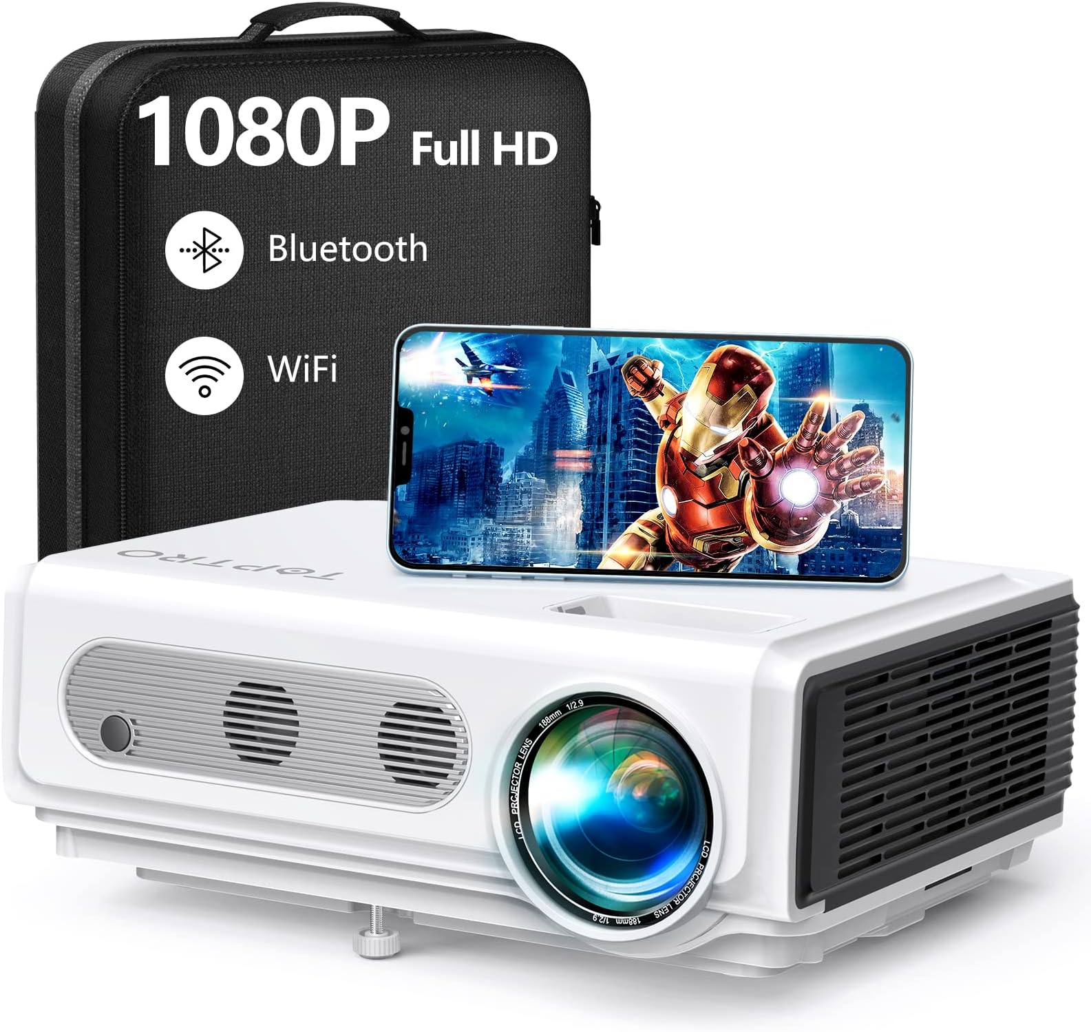 Projector WiFi Bluetooth TOPTRO Projector Native 1080P Full HD Video Projector Support 4K 7900 Lumen Home Cinema Projector, Support ±15° Keystone & Zoom, Compatible with Phone/TV Stick/PC/PS4 white