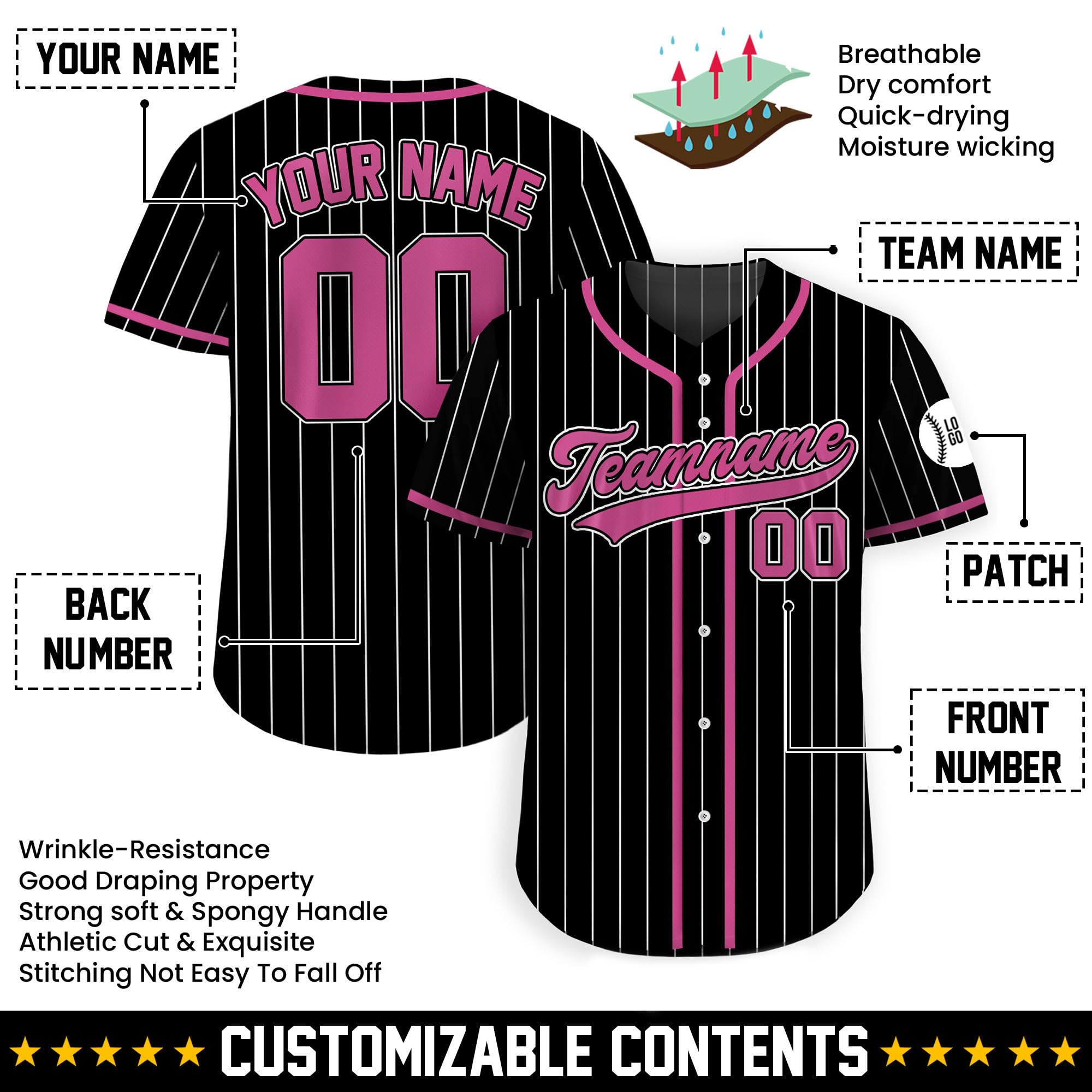 Custom Pinstripe Baseball Jersey for Men Women Youth Kid, Personalized Button Down Shirt Jerseys with Teamname Name Number Logo, Customized Black Pink Baseball Jersey for Team