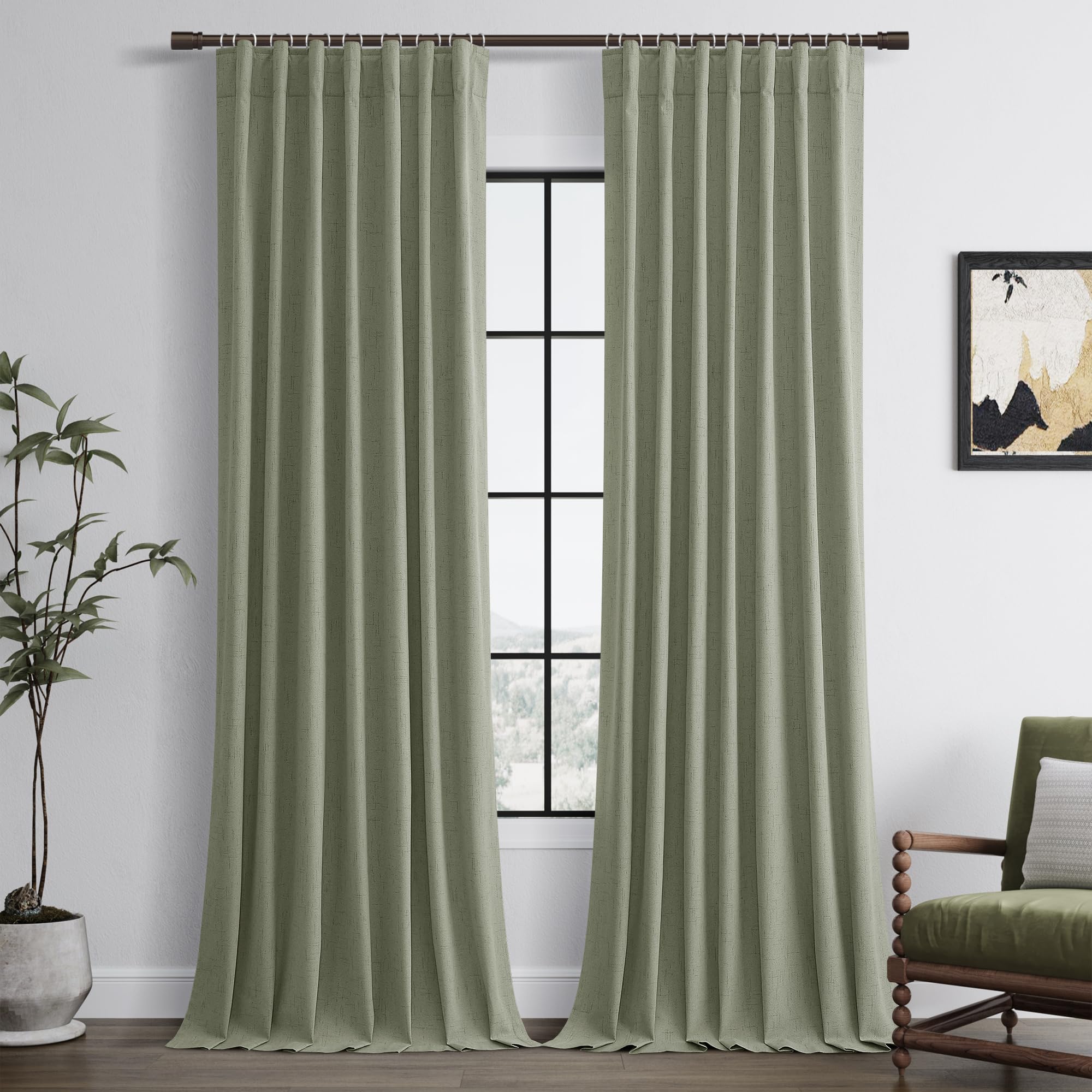 Full Blackout Curtains for Bedroom Sage Green Aesthetic 96 Inch Long 2 Panel Thermal Insulated Darkening Curtains Back Tab Pleated Linen Textured