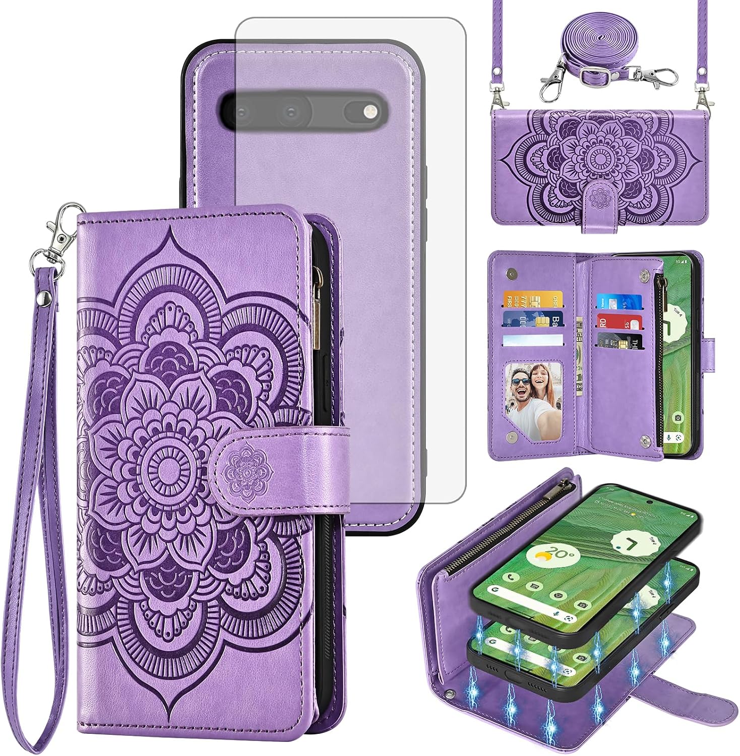 Asuwish Phone Case for Google Pixel 7 5G Zipper Wallet Magnetic Detachable Cell Cover with Tempered Glass Screen Protector Crossbody Strap Flower Card Holder Pixel7 Pixle Seven 6.3 Women Girls Purple