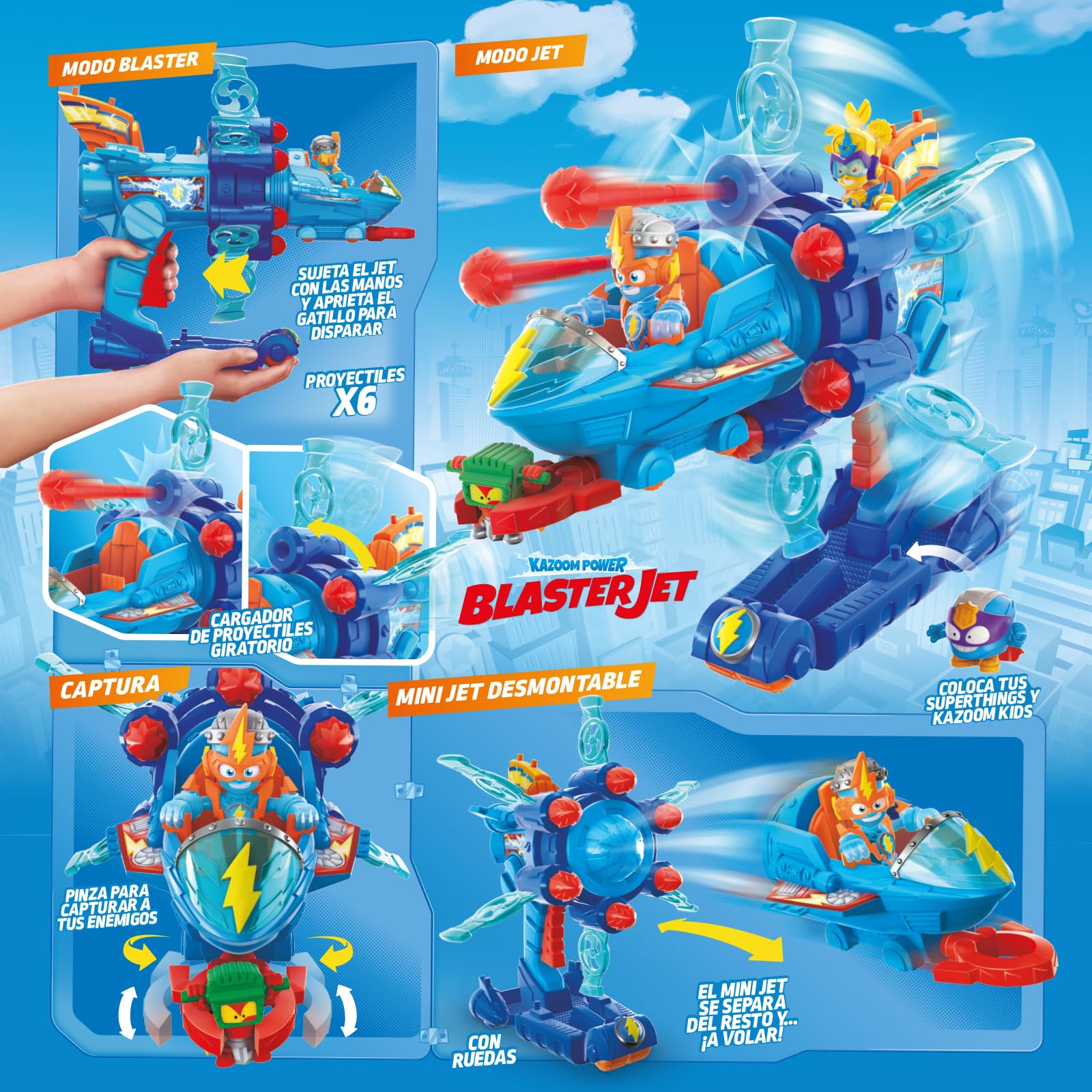 SUPERTHINGS KAZOOM Power – Vehículo Multi-acción de la Serie de TV ''Kazoom Power'', Contiene 1 Blaster Jet, 1 Kid Kazoom Exclusivo y 6 Proyectiles