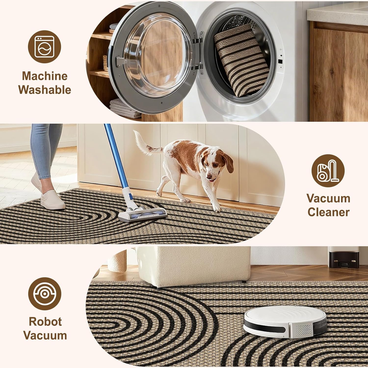 Easy Jute Hallway Runner Rug, 2' x 6' Kitchen Runner, Black Farmhouse Ultra-Thin Washable Non-Slip Carpet Runner for Laundry, Bedroom, Backyard, Outdoor, Home Decor