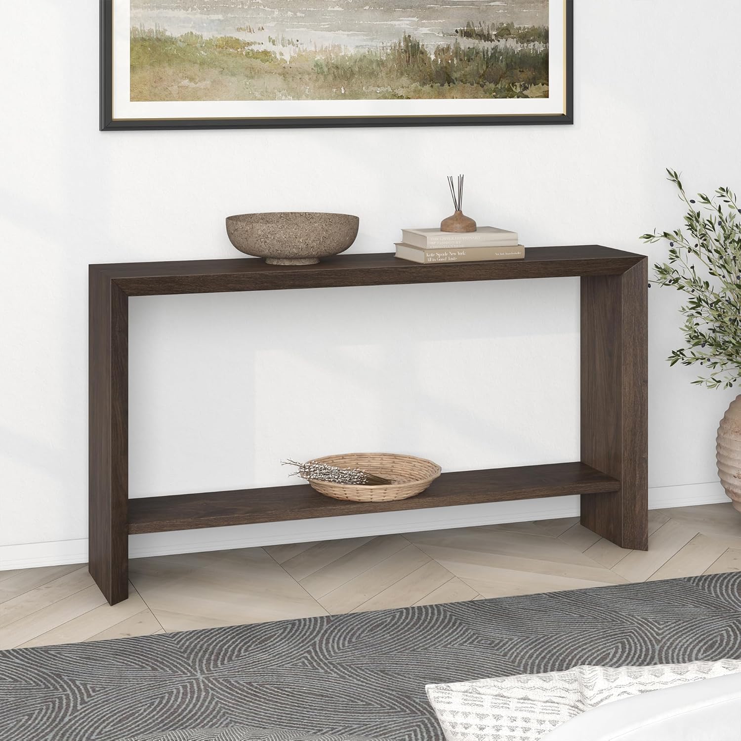 Henn&Hart 55" Wooden Rectangular Console Table Entryway Table, Sofa Table with Wooden Storage Shelf for Entryway, Living Room, Couch, Hallway, or Office, Warm Brown