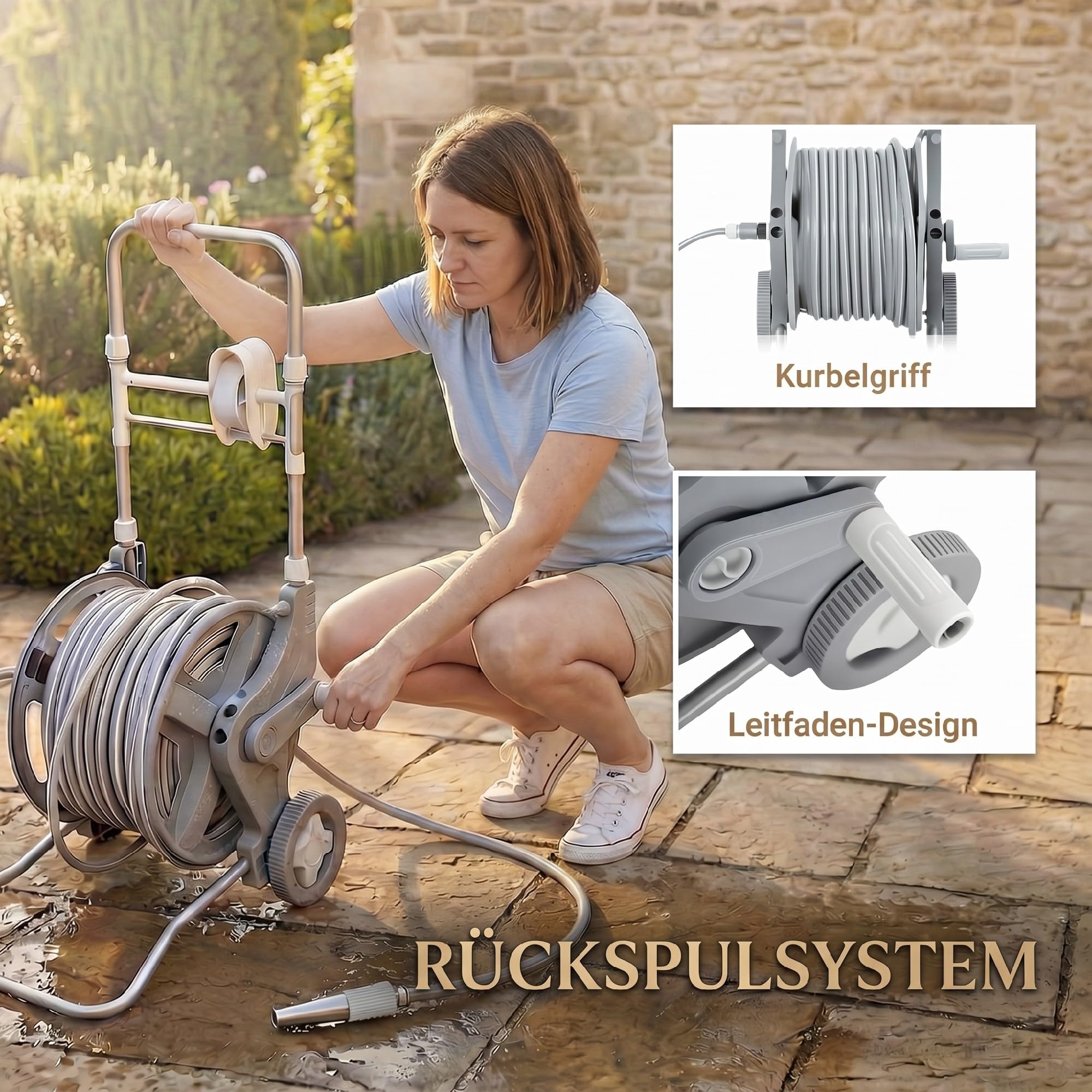 Outsunny Schlauchwagen 45 m mit 2 Sprühfunktionen 45 x 44 x 78 cm Grau | Kurbel, Schlauchführung, Wasserhahnadapter, Gartenschlauchwagen, Schlauchtrommel Schlauchabroller, für Garten Balkon