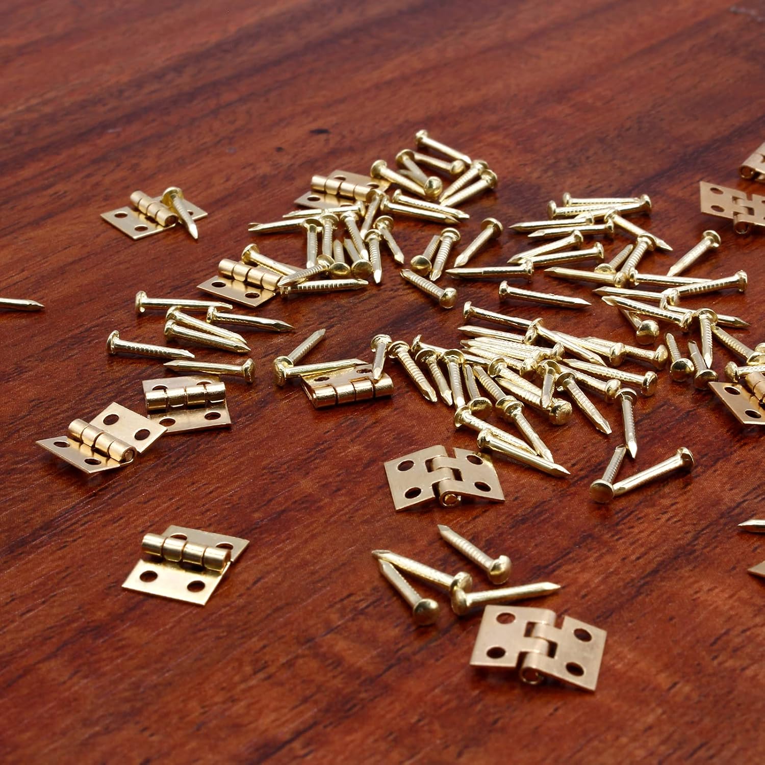 Biaungdo 24 Pcs Mini Brass Hinges, 180 Degree Rotation Miniature Furniture Hardware Cabinet Mini Hinges for Jewelry Box Closet DIY Accessories with Mounting Nails(10x8mm, Golden)