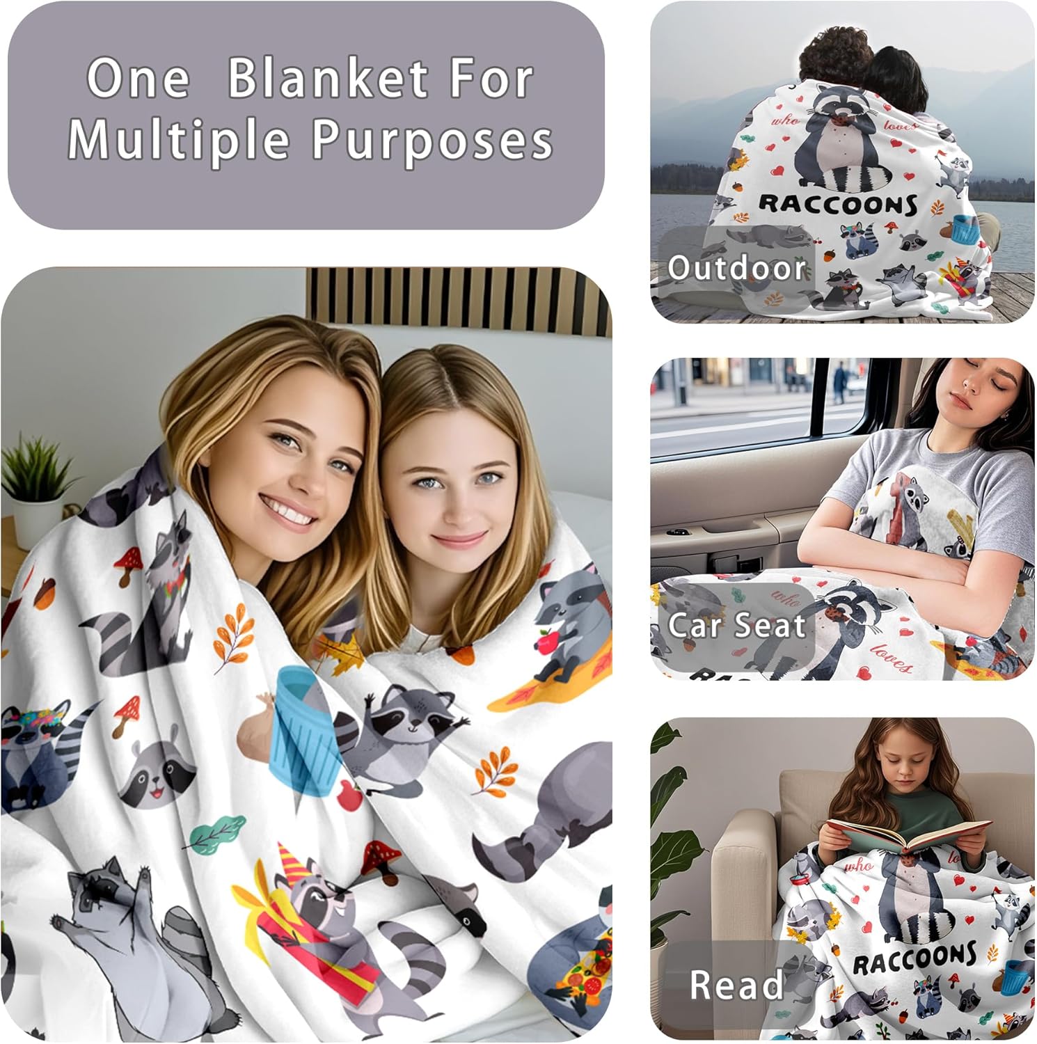 Raccoon Blanket Gifts for Raccoon Lover Raccoons Themed Gifts for Women Kids Adults Soft Flannel Raccoons Throw Blanket 50"x40" - Image 5