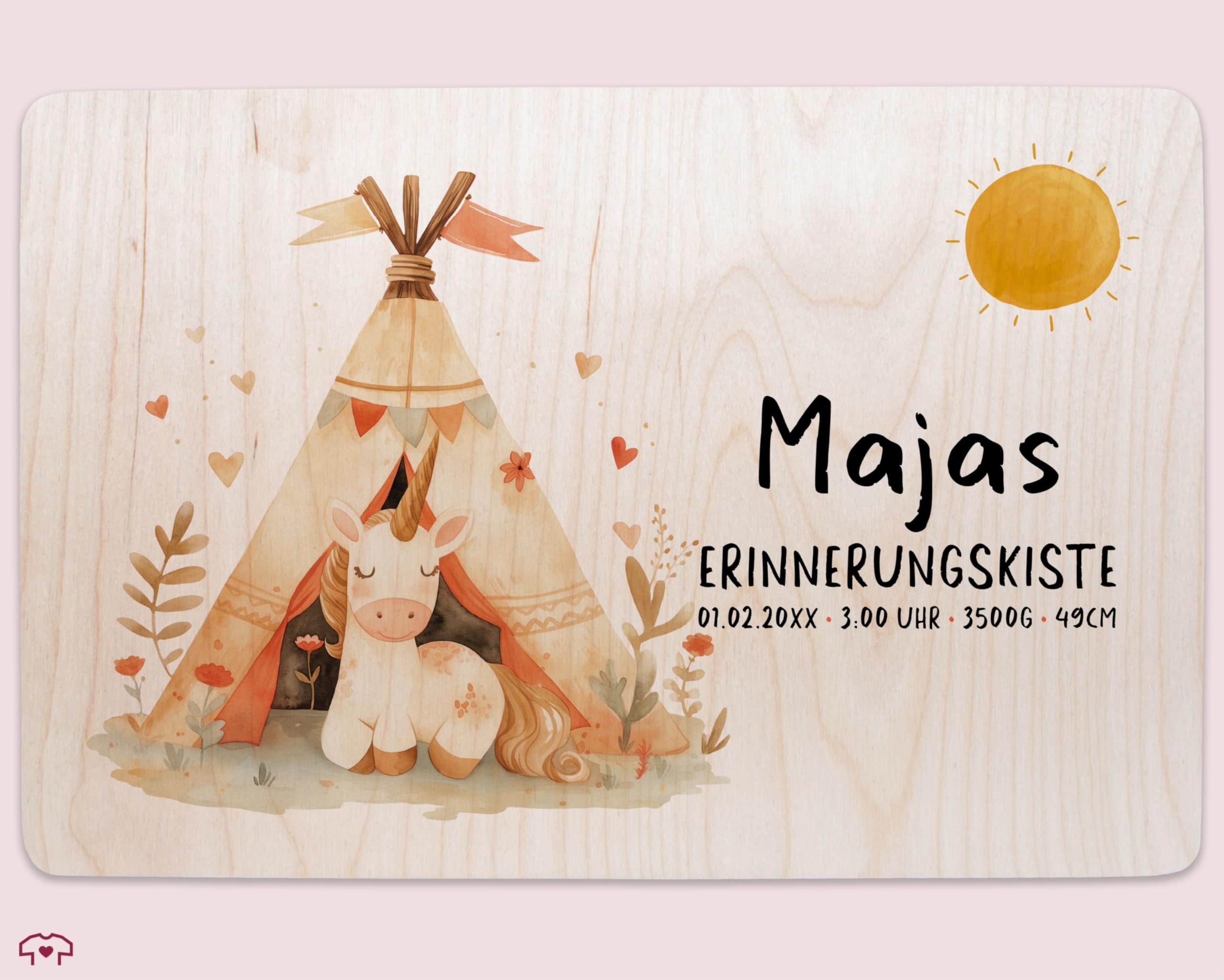 Holz Geschenkbox Holzkiste - Einhörner - Personalisierte Baby Geschenke | Erinnerungskiste Einhorn Name Datum | Erinnerungsbox Baby Personalisiert Mädchen - 30 x 20 x 14 - Holz