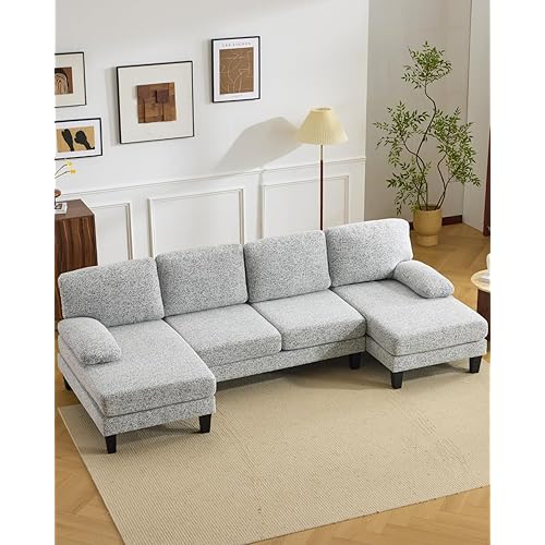 Karl home 110" U-Shape Sectional Couches for Living Room Chenille Upholstery 4 Seat Sofa Set with Double Chaises & Wood Grain Legs for Apartment, White & Grey