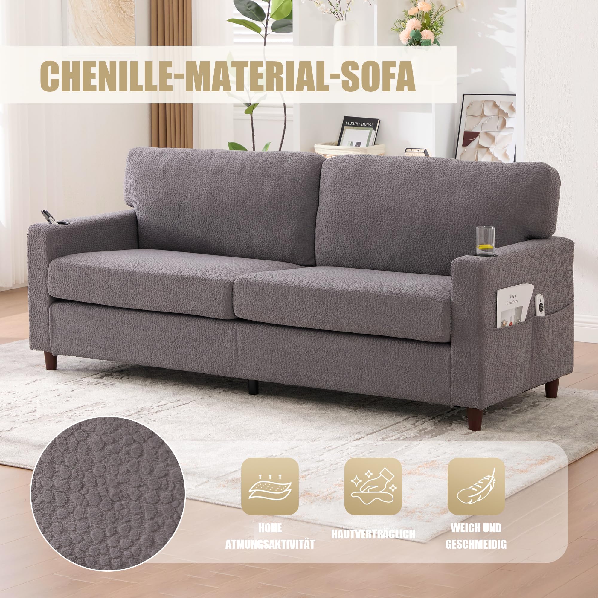 Nowoczesna 2-osobowa sofa szenilowa z USB-C, atmosfera LED, uchwytami na napoje i kieszeniami bocznymi. Rama drewniana/metalowa z komfortową pianką. Idealna do salonu, sypialni lub biura