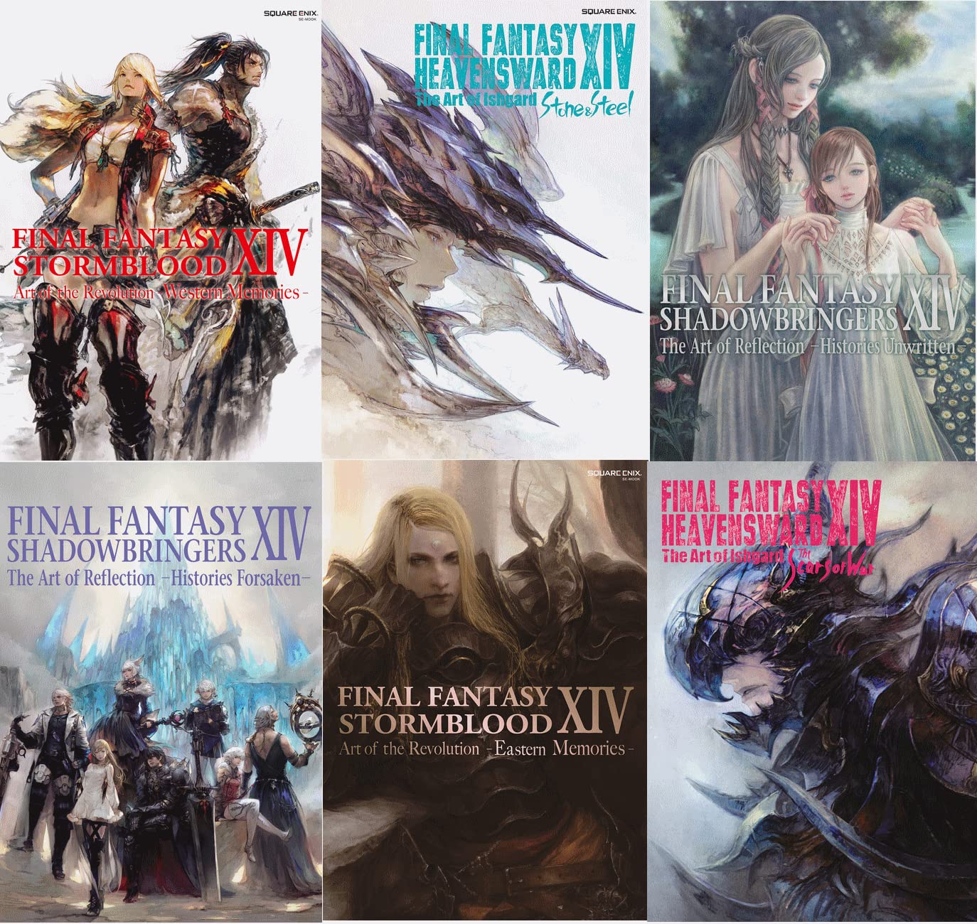 Final Fantasy XIV 6 books set (Stormblood -- The Art of the Revolution -Western Memories, Eastern Memories, Final Fantasy XIV: Heavensward -- The Art of Ishgard -The Scars of War, Stone and Steel, Shadowbringers -- The Art of Reflection -Histories Unwritten, Histories Forsaken)