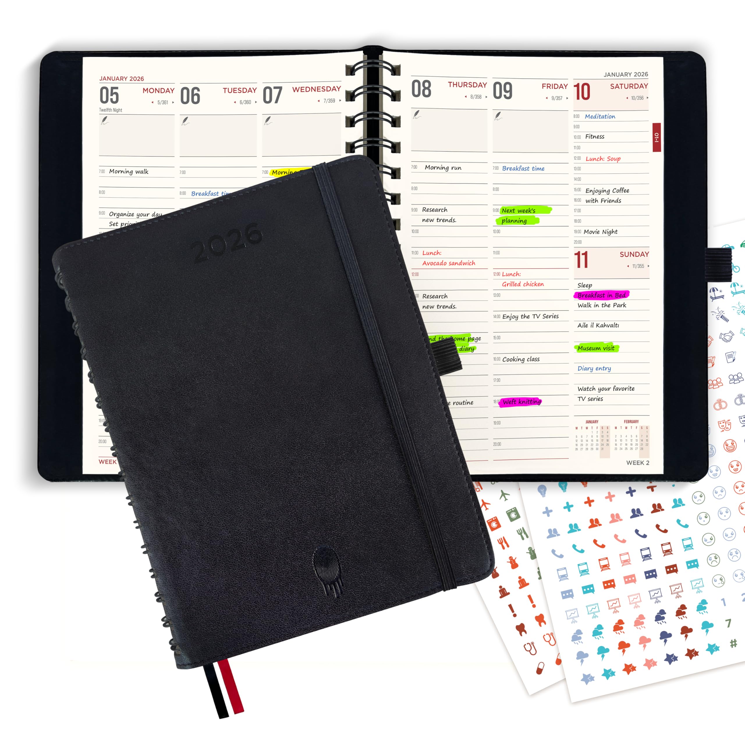 colortouch Terminplaner 2026 Englisch Tagesplaner, A5 Terminkalender Organizer, Buchkalender, Monatsplaner, 30 Minuten-Intervalle Ringbuch mit 2 Blatt Aufkleber 14 Monate Agenda (Nov 25-Dez 26)