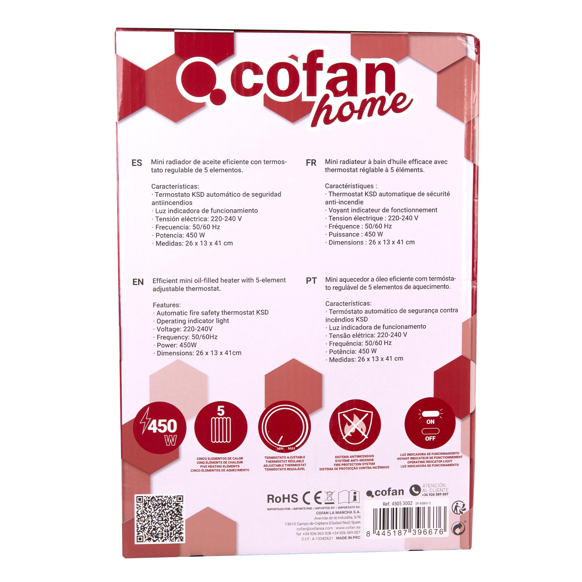 Cofan "MINI" radiador de aceite | Potencia: 450 W | Termostato regulable | Seguridad antiincendios | Color: blanco | Medidas 26 x 13 x 41 cm