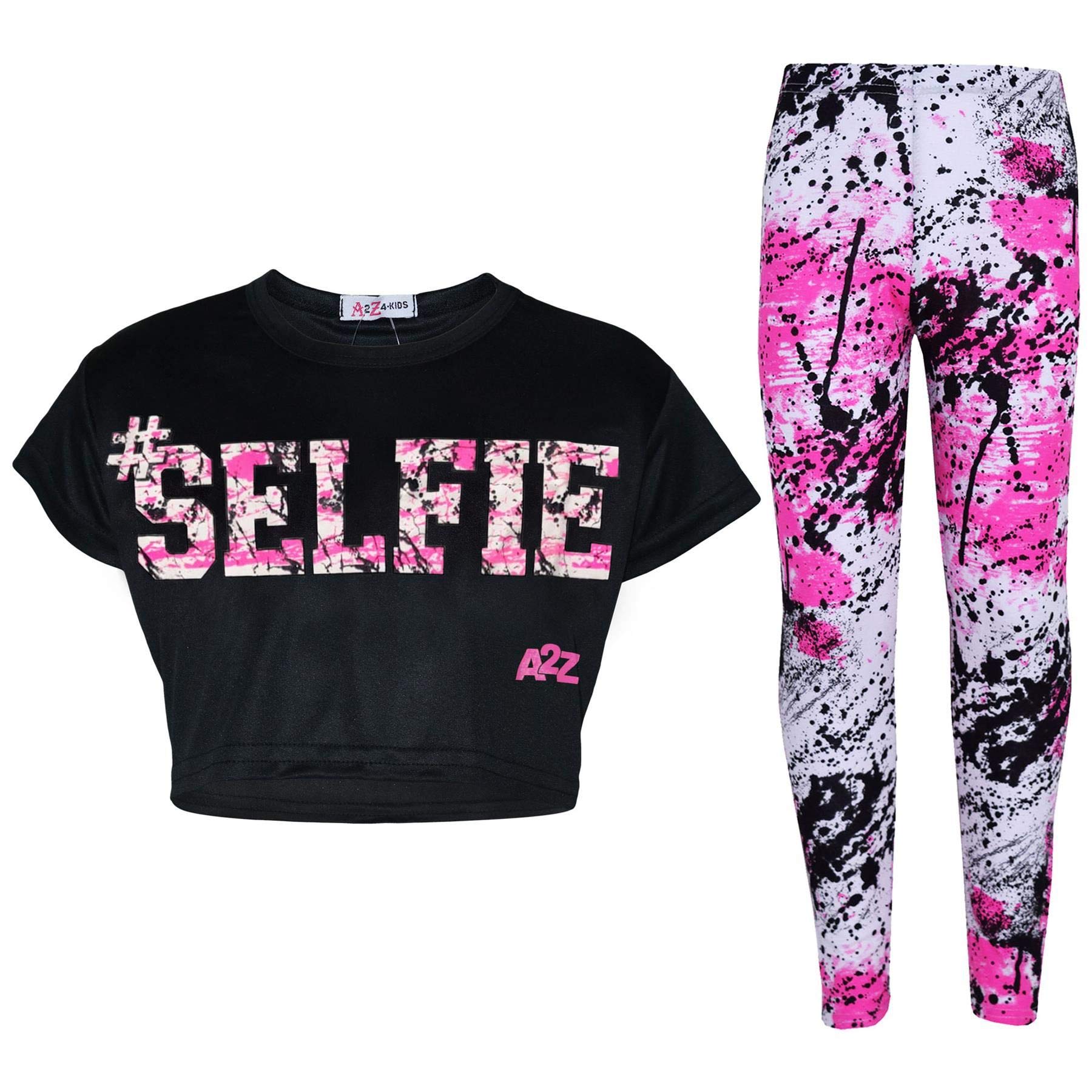 A2Z 4 Kids Girls Crop Top and Leggings Set #Selfie Printed Tie Dye Loungewear - Selfie Splash Crop Leg Black 13
