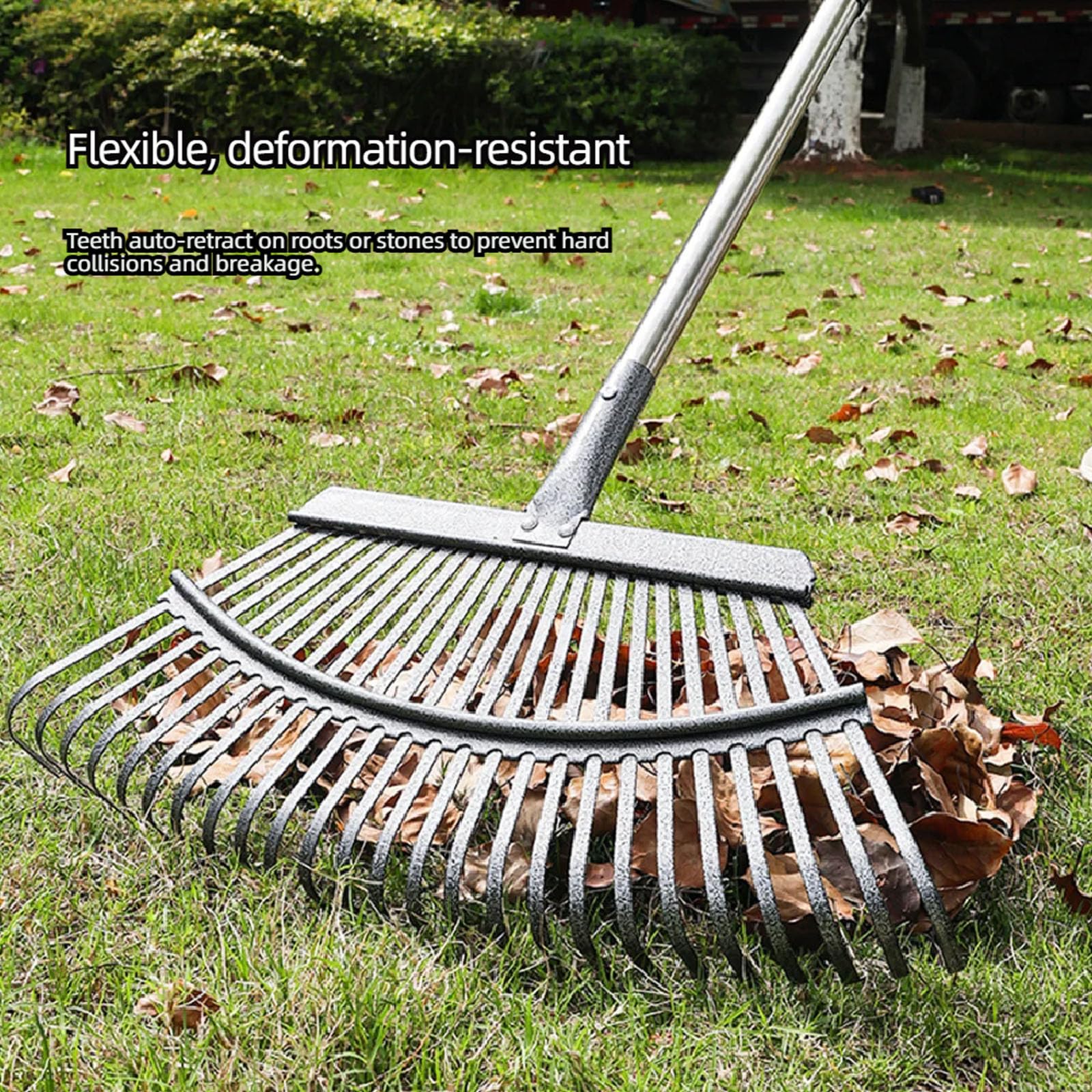 Rastrello da giardino in metallo con robusta struttura in acciaio per una pulizia efficiente di foglie e detriti, raccoglitore efficiente di foglie