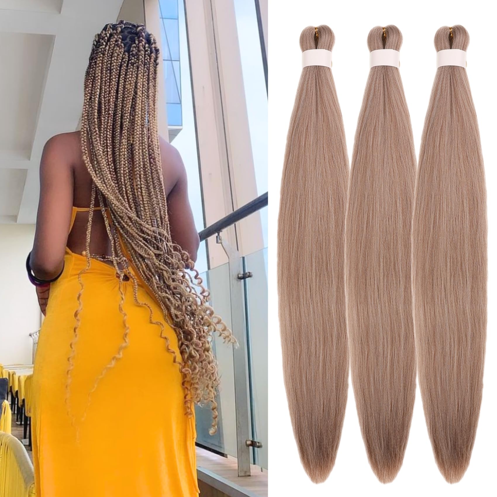 Ash Brown Braiding Hair Pre stretched Brown Blonde Braiding Hair Extensions for Knotless Box Braids 3 Packs