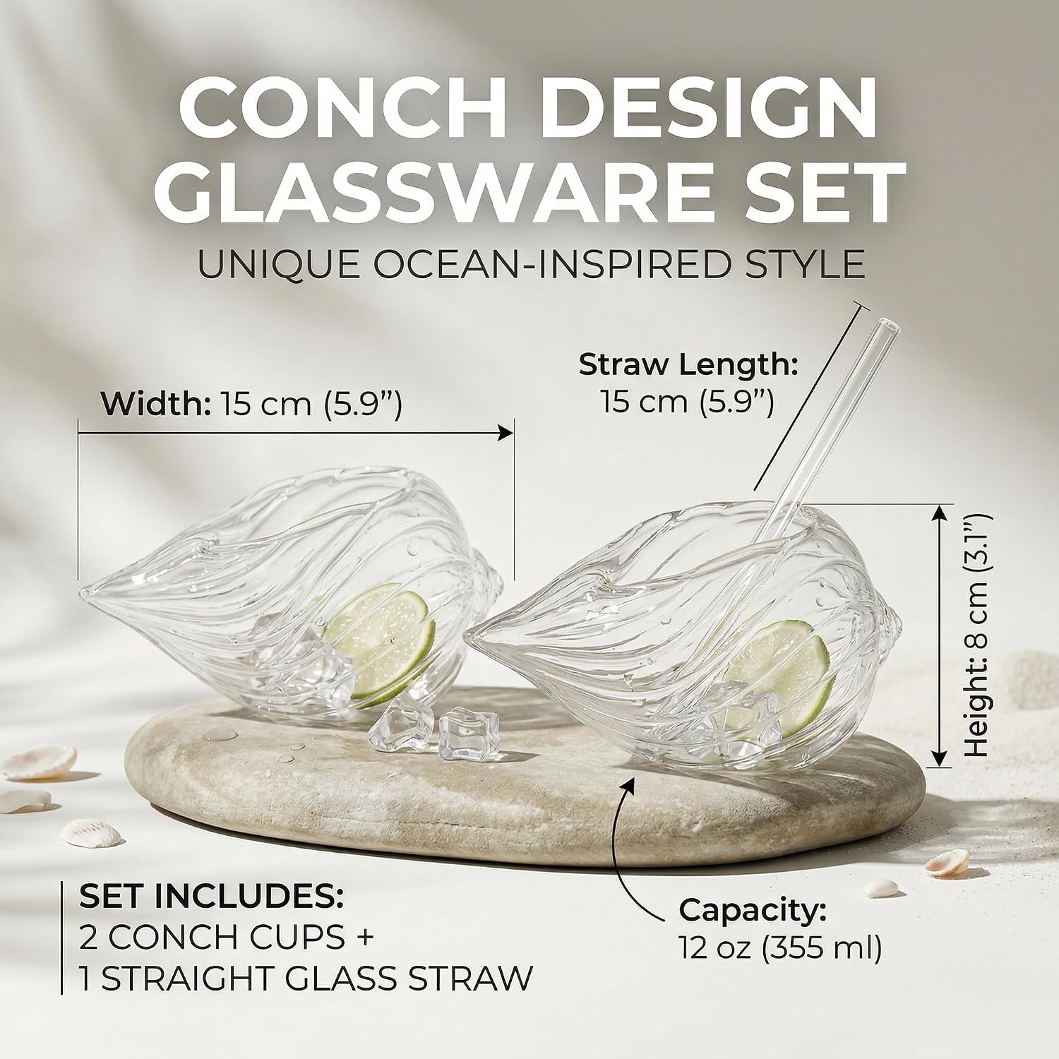 Ribbed Glass Seashell Drinking Cups: 2Pcs 12Oz Clear Conch Shell Cocktail