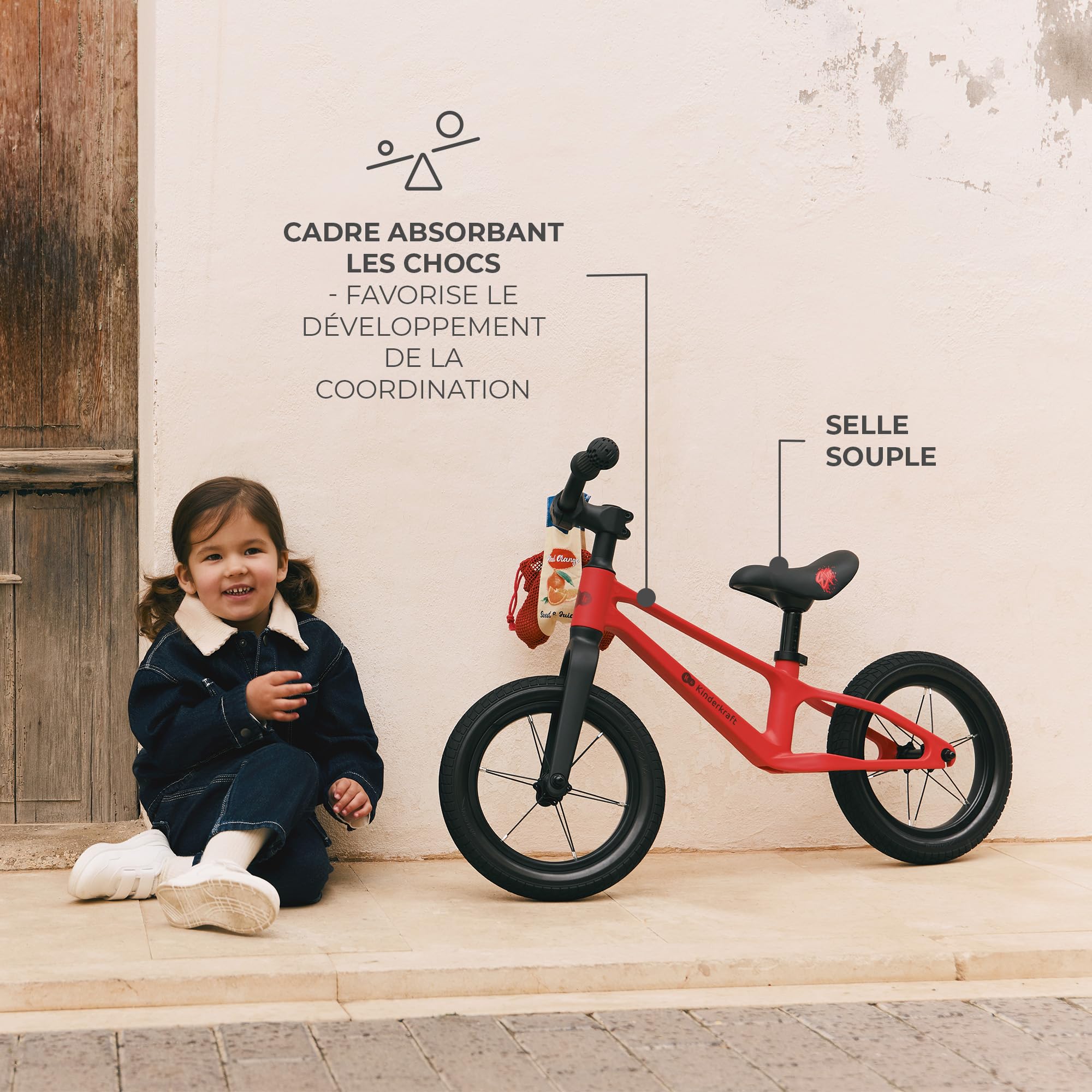 Kinderkraft ETER Draisienne jusqu'à 35 kg, vélo d'apprentissage léger, Roues de 12 ", Cadre en Nylon, Selle réglable en Hauteur, Direction limitée, poignées en Caoutchouc, Design Sportif