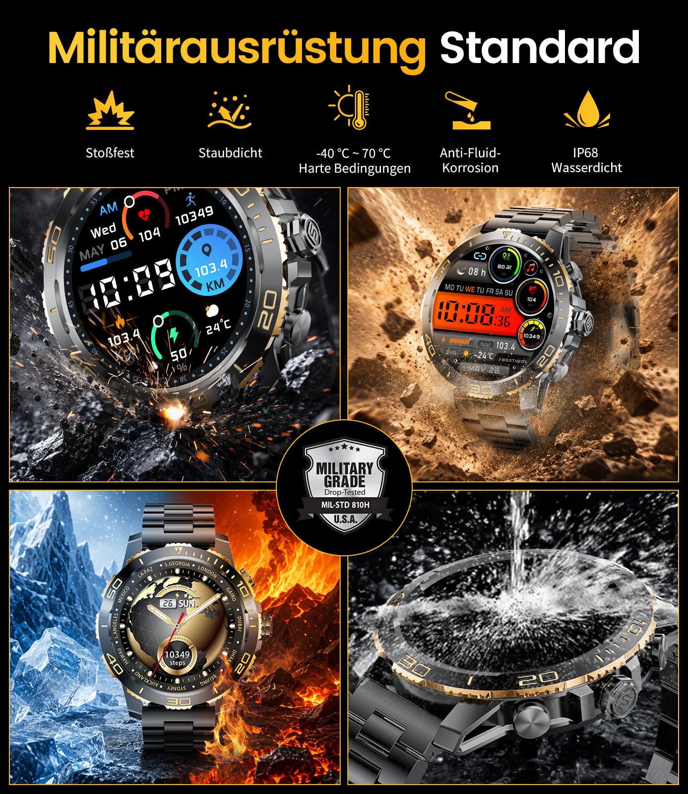 Reloj Inteligente Hombre Militar - 800mAh/Linterna LED, 1.43"AMOLED Smartwatch con llamadas Pulsómetro Sueño, IP68 Impermeable Pulsera Actividad con 200 Modos Deportivos para iOS Android, Negro