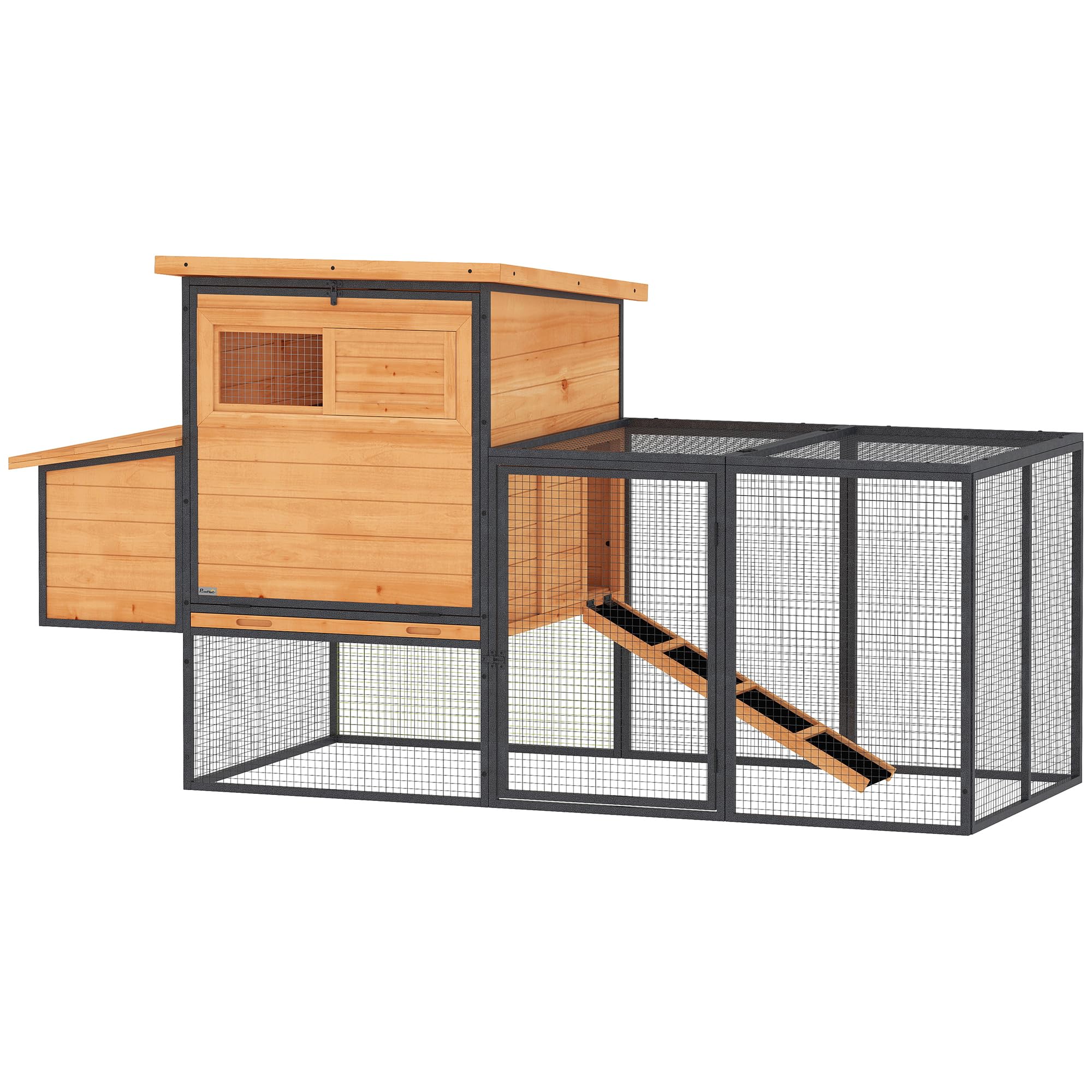 PawHut - Gallinero de madera y acero para 3-5 gallinas, gran gallinero con recinto, pondero, cajón de expulsión y techo abierto - cobertizo para gallinas de jardín al aire libre 192 x 81,5 x 104 cm
