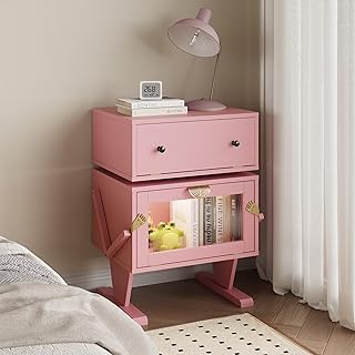 RoyalCraft Large Nightstand with LED Lighs, Pink End Table with 360°Rota...