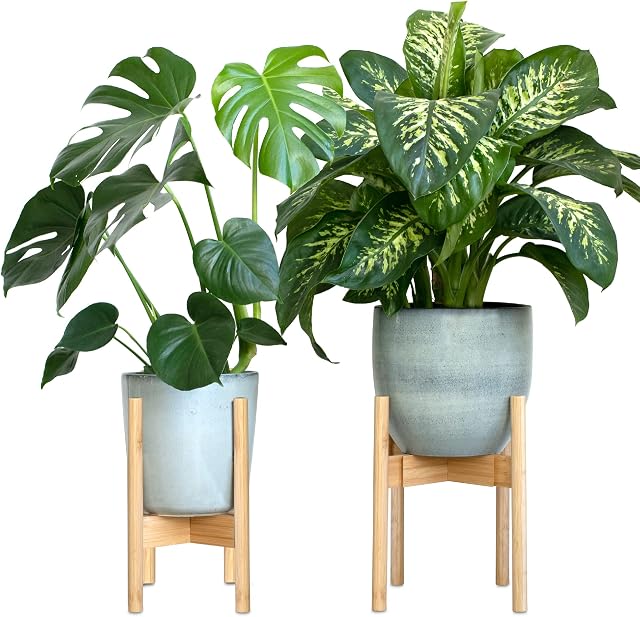 Gadgy Flower Stand Wood | Set of 2 Bamboo Plant Stand Wood | Adjustable Flower Pot Stand Wood for Pots up to Ø 30 cm | Plant Stand with Legs