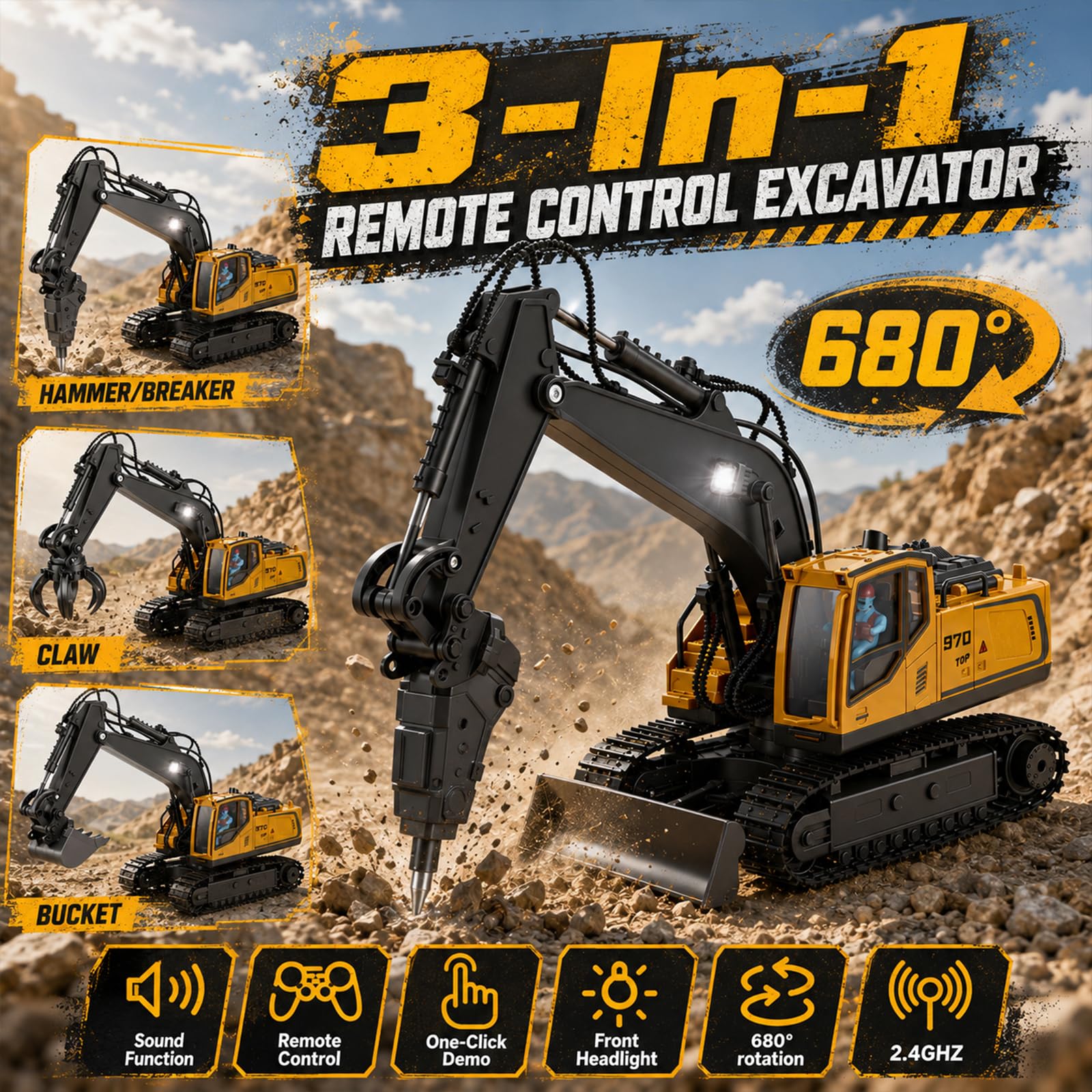 3 In 1 Ferngesteuerter Bagger Mit Metall-Aufsätzen,Für Kinder Ab 6 Ahren | 2,4Ghz Ferngesteuerter,2 X Batterien,680° Drehbarer,Licht Und Sound,Rc Bagger Spielzeug Für Sandkasten & Outdoor