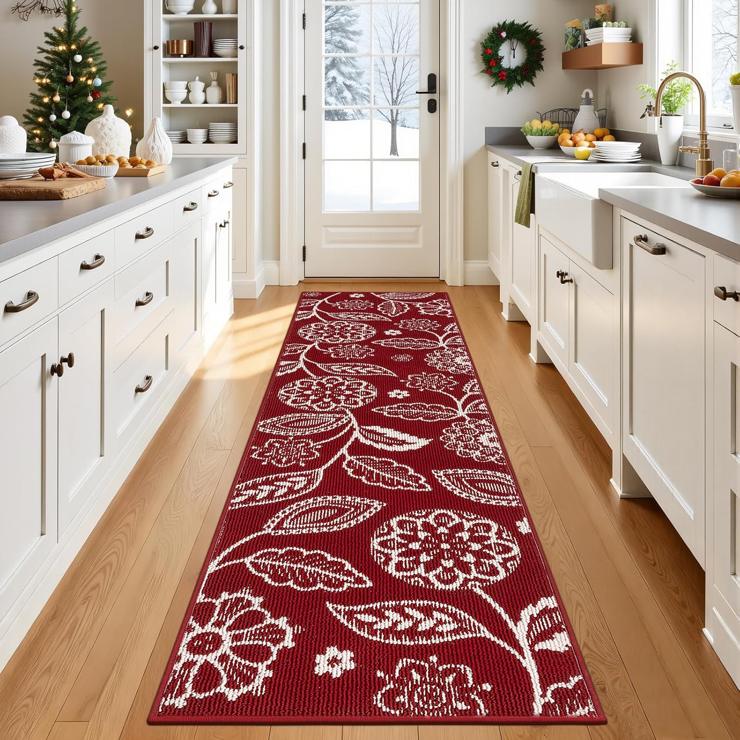 2x8 Washable Christmas Runner Rug with Non Slip Backing, Absorbent & Dirt-Trapping, Red and White High-Low Textured Floral Hallway Carpet for Kitchens, Laundry Rooms, Bathrooms, Entryways