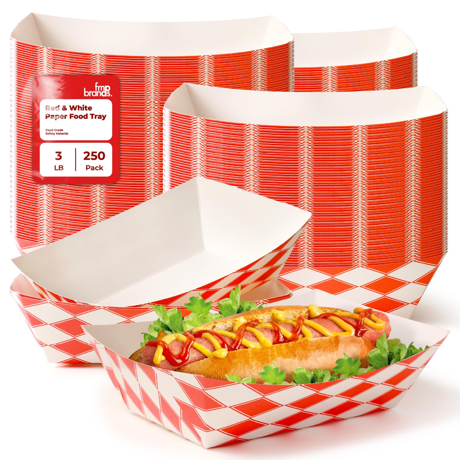 Fit Meal Prep 250 Pack 3 lb Paper Food Trays Heavy Duty Disposable Hot Dog Trays, Paper Food Boat Red Check Nacho Tray for Parties, Fairs, Picnics,