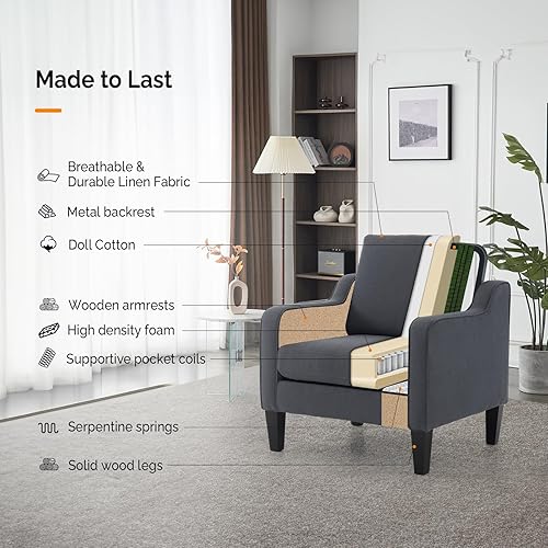 Miniatura 6 de VINGLI Silla decorativa tapizada de lino gris oscuro para sala de estar, dormitorio, silla moderna de mediados de siglo, cómoda silla de lectura con