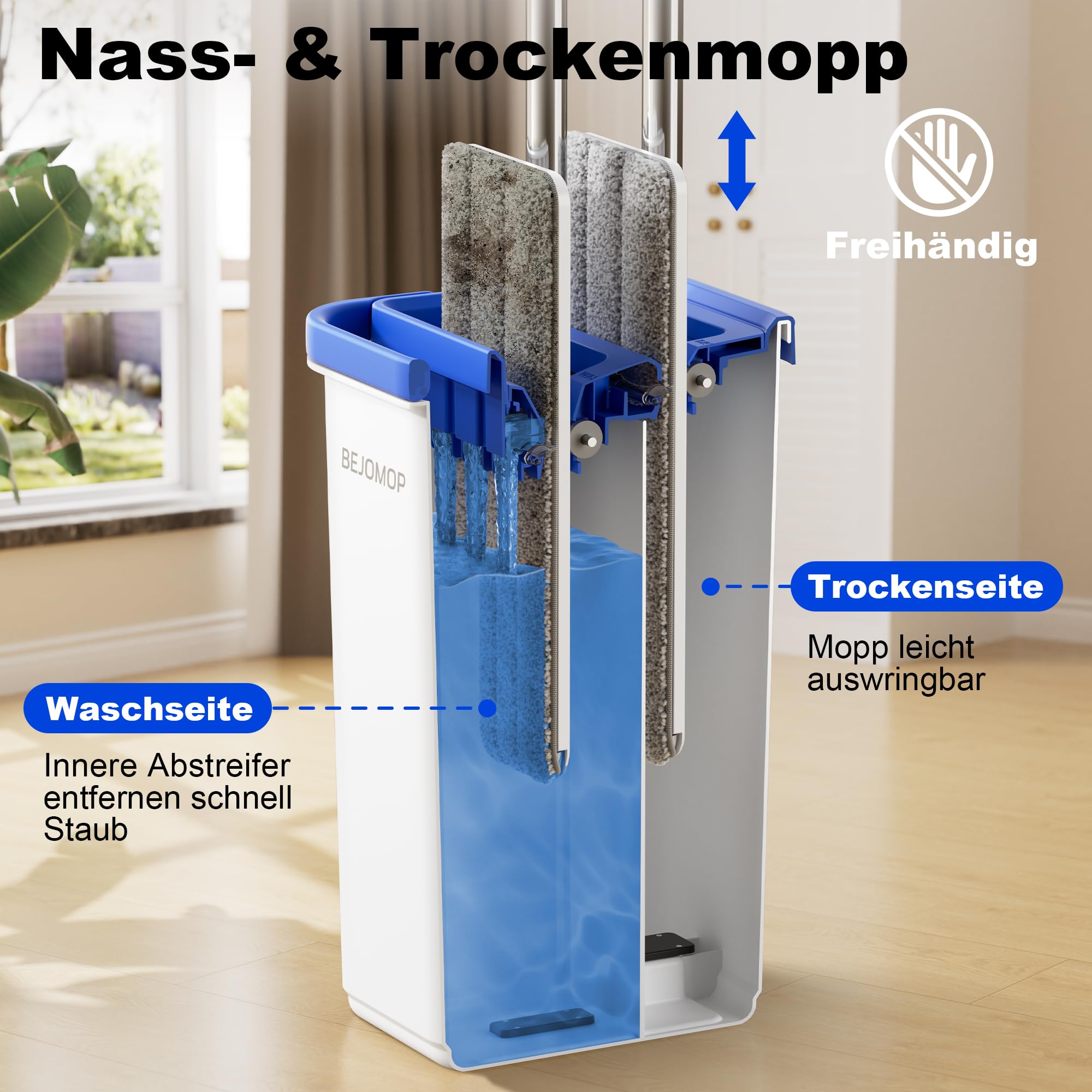 Wischmopp und Eimer Set mit Auswringer, Schieferblau Flach Squeeze Spin Wall Mop Cleaner mit langem Griff, Trocken & Nass Staubwischer für Haushalt Bodenreinigung mit 3 Mikrofaser Mops