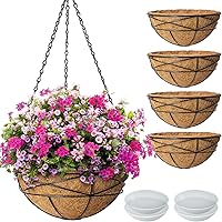 4 Pack 12 Inch Metal Hanging Planters with Coco Coir Liners - Rustproof Outdoor Flower Baskets for Garden Patio Balcony Decor