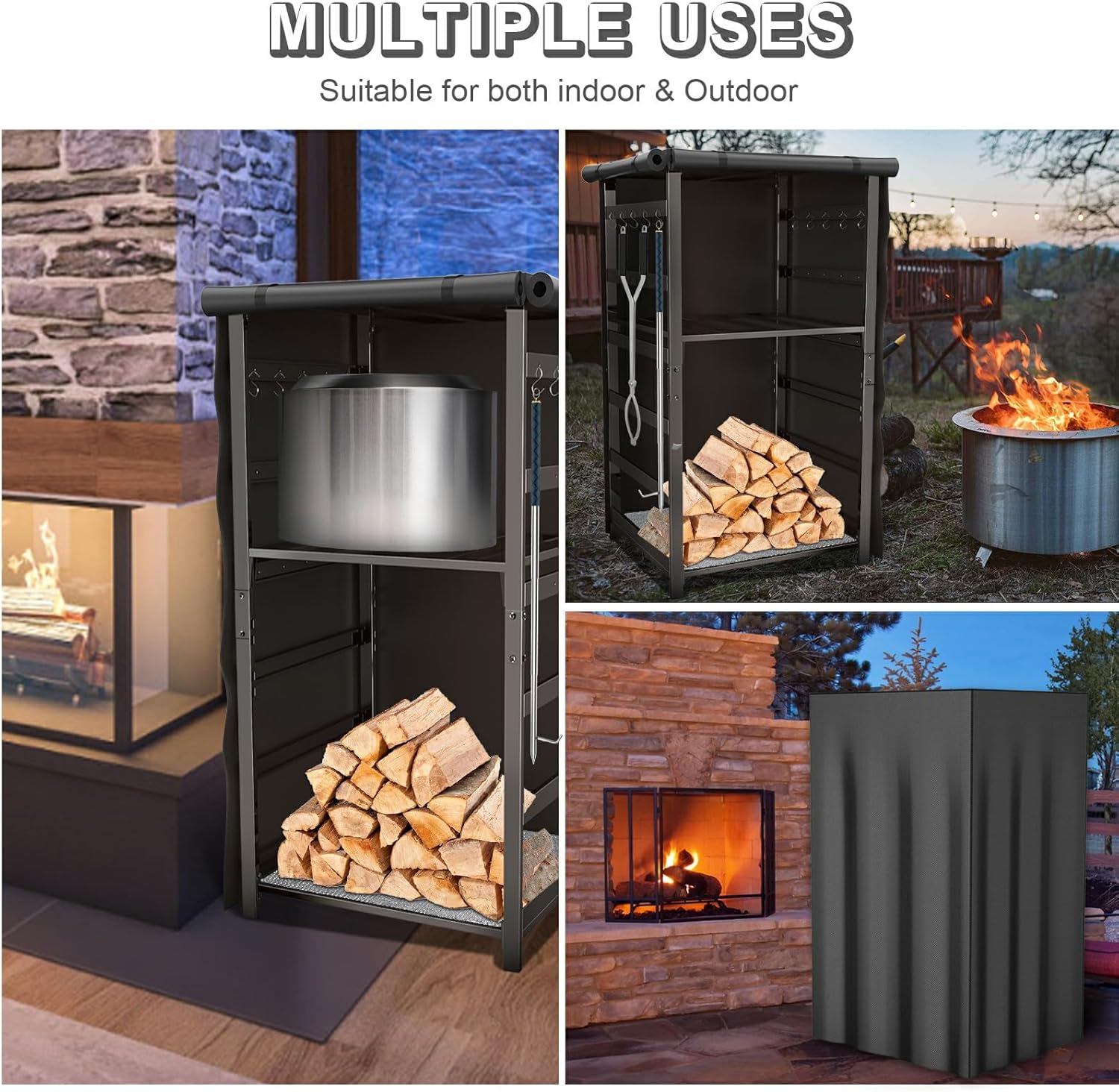 53in Storage Cabinet Station for Solo Stove Yukon/Bonfire/Ranger and more Smokeless Fire Pit Accessories with Waterproof Cover,Adjustable Firewood Storage Racks for Patio Logs and Fire Pit Accessories