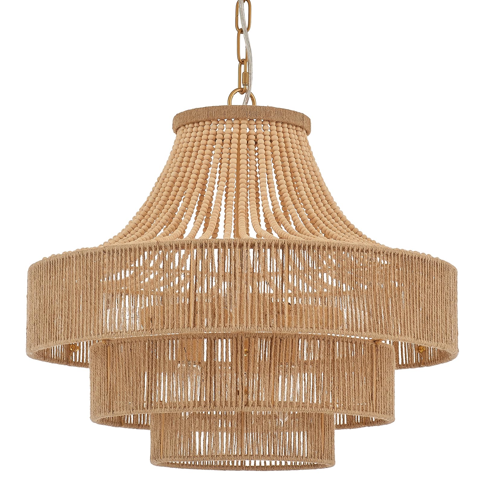Photo 1 of ELYCCUPA Wood Beaded Rattan Chandelier Boho Hand Woven Pendant Light 6-Lights Adjustable Coastal Pendant Lighting Fixtures for Dining Living Room Kitchen Hallway, Dia 20”, UL Listed