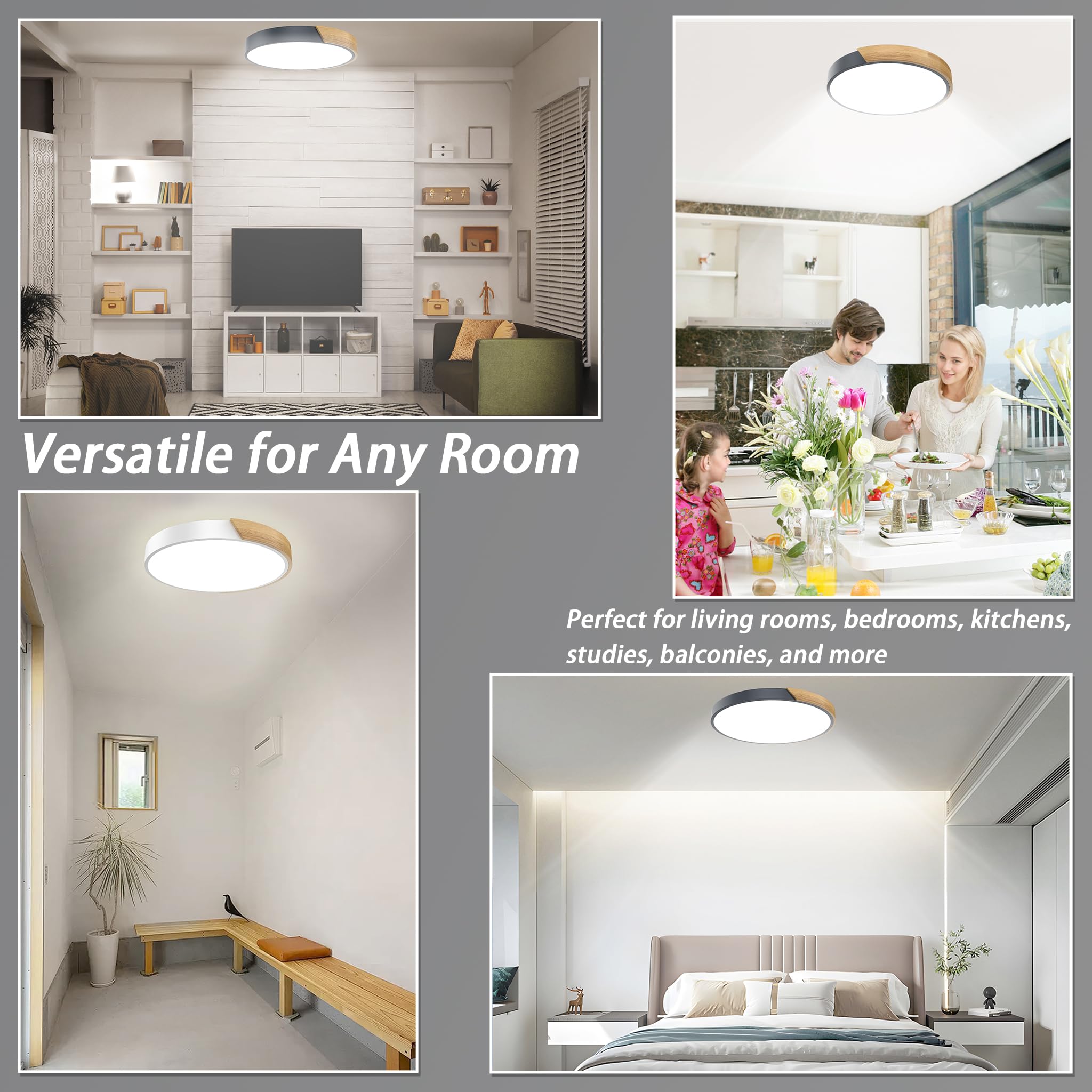 Froadp LED Deckenlampe Holz Deckenleuchte, Modern Lampe Decke Flach, Holzlampe Rund für Wohnzimmer, Schlafzimmer, Badezimmer, Küche, Flur, Kinderzimmer, Büro (96W Dimmbar, Grau)