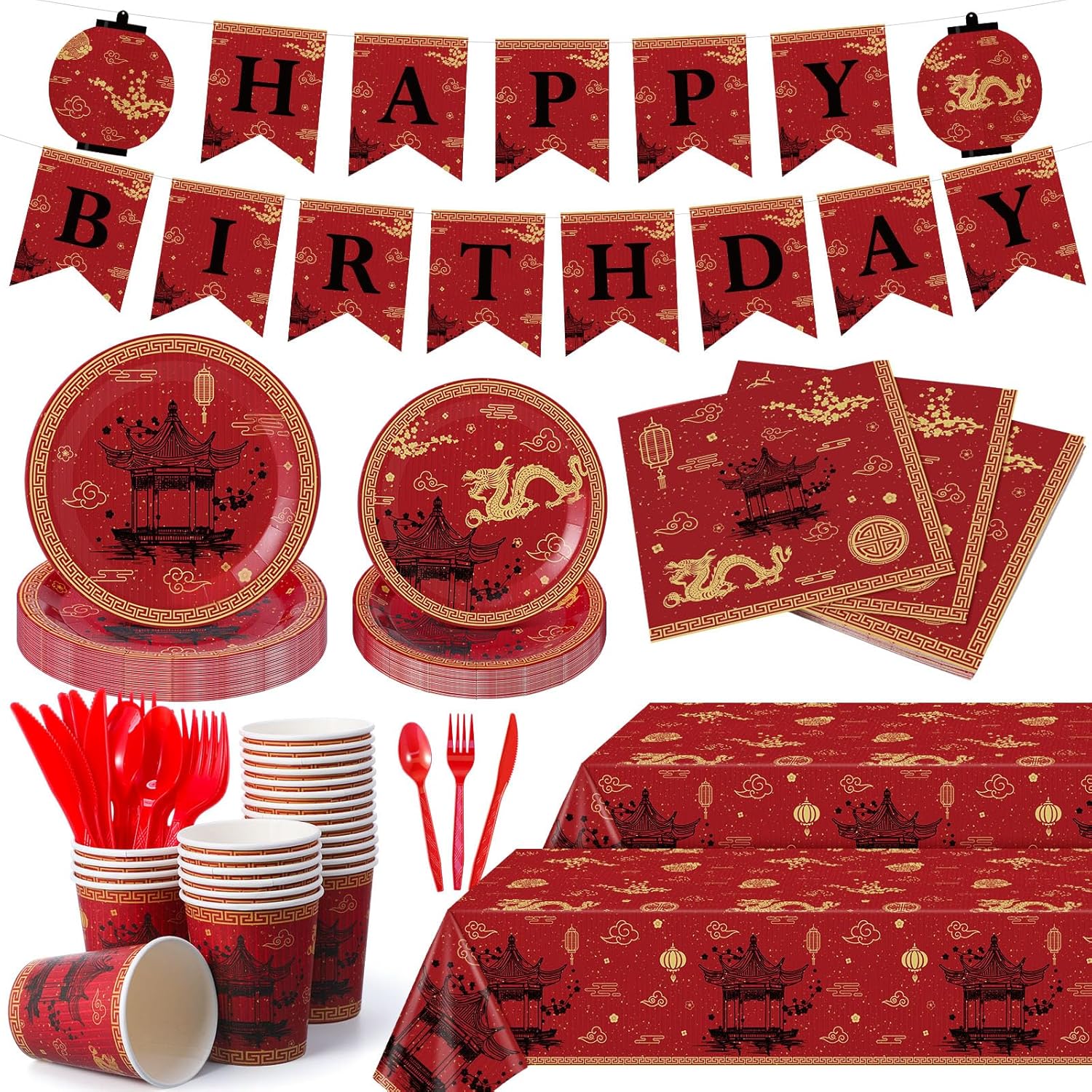 171 Pieces Hibachi Birthday Party Decorations Set for 24, Include Paper Plates Napkins Cups Banner Plastic Knives Forks Spoons Tablecloths for Chinese Japanese Hibachi Theme Party Supplies