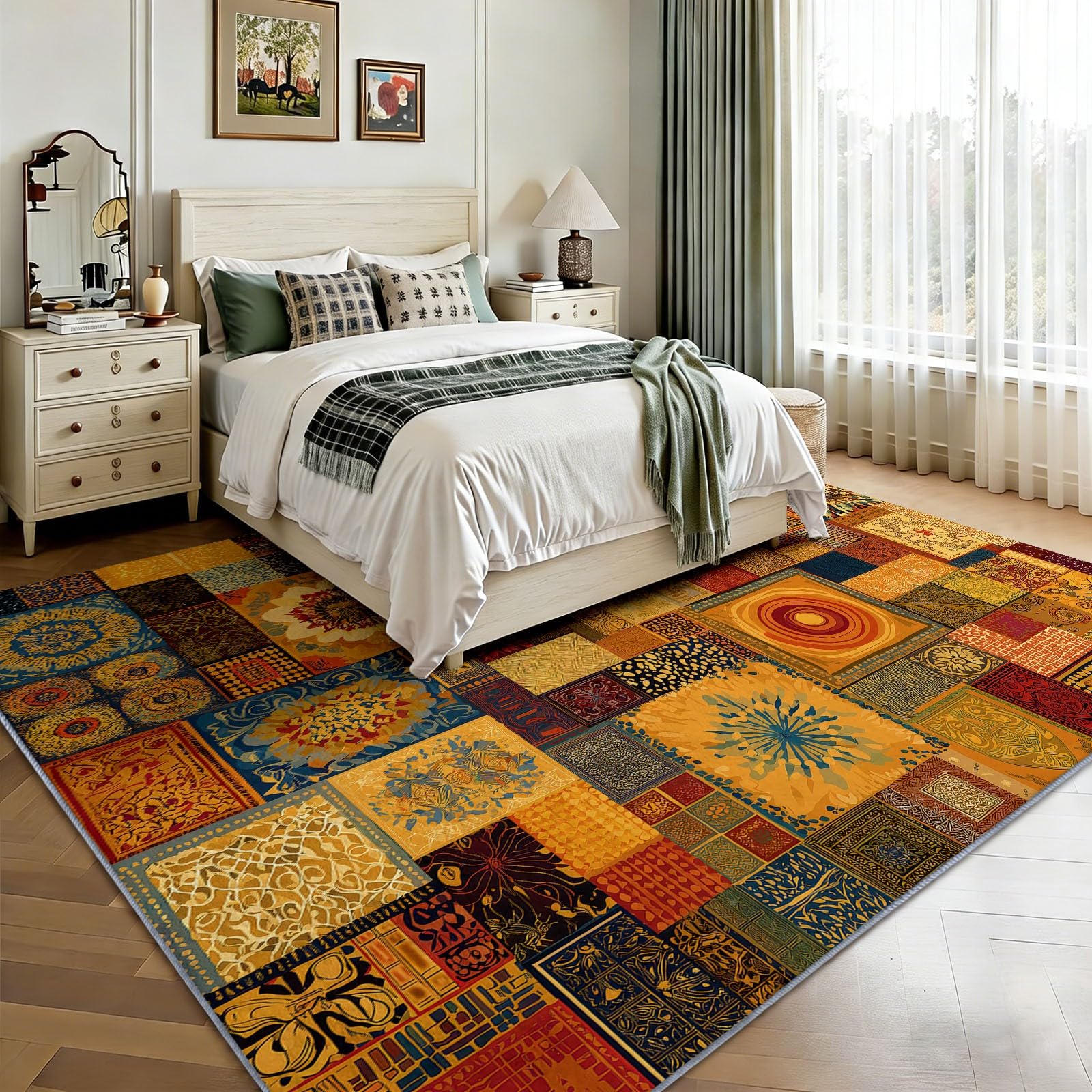 Tapis Antidérapant Salon Ethnique Patchwork Design, Tapis Bohème Vintage Doux Lavable en Machine, Tapis Poil Ras Agréablement Étre pour Cuisine Chambre Salle à Manger, Brun 160 x 230 cm
