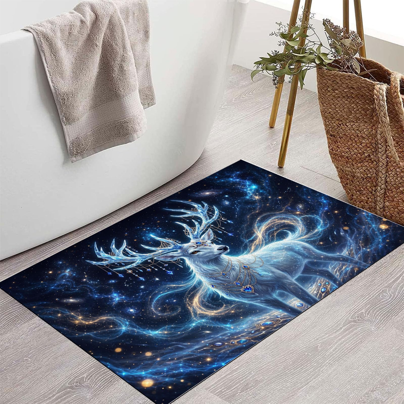 Felpudo Entrada Casa Antideslizante Reno Cristal Misterioso Para Interiores,Alfombras Entrada Fino Lavable,Animales Fantásticos Cielo Estrellado Alfombrilla Absorbente Para Pasillo,80X120Cm,Azul
