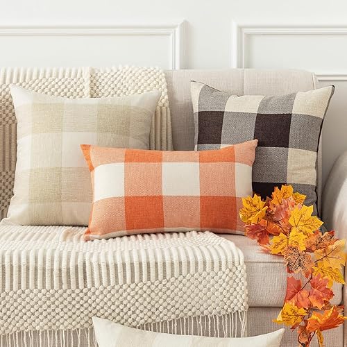 Miniatura 5 de UGASA - Juego de 2 fundas de almohada clásicas a cuadros de lino a cuadros retro, fundas de cojín decorativas para sofá, cama, vacaciones, 24 x 24