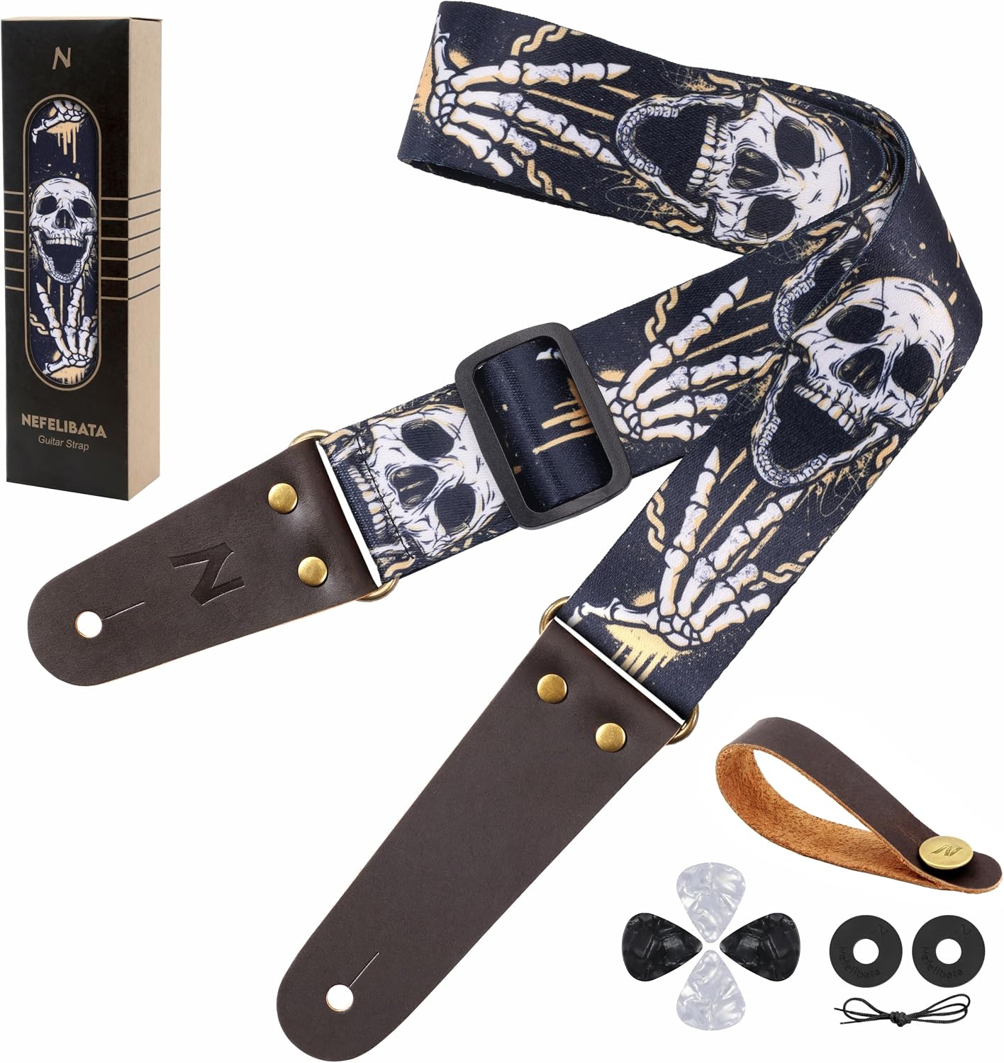 Nefelibata Guitar Strap Skulls with Head Cowhide Leather Ends for Bass, Electric & Acoustic Guitars, Free Strap Button, 1 Pair Strap Locks and 4 Guitar Picks