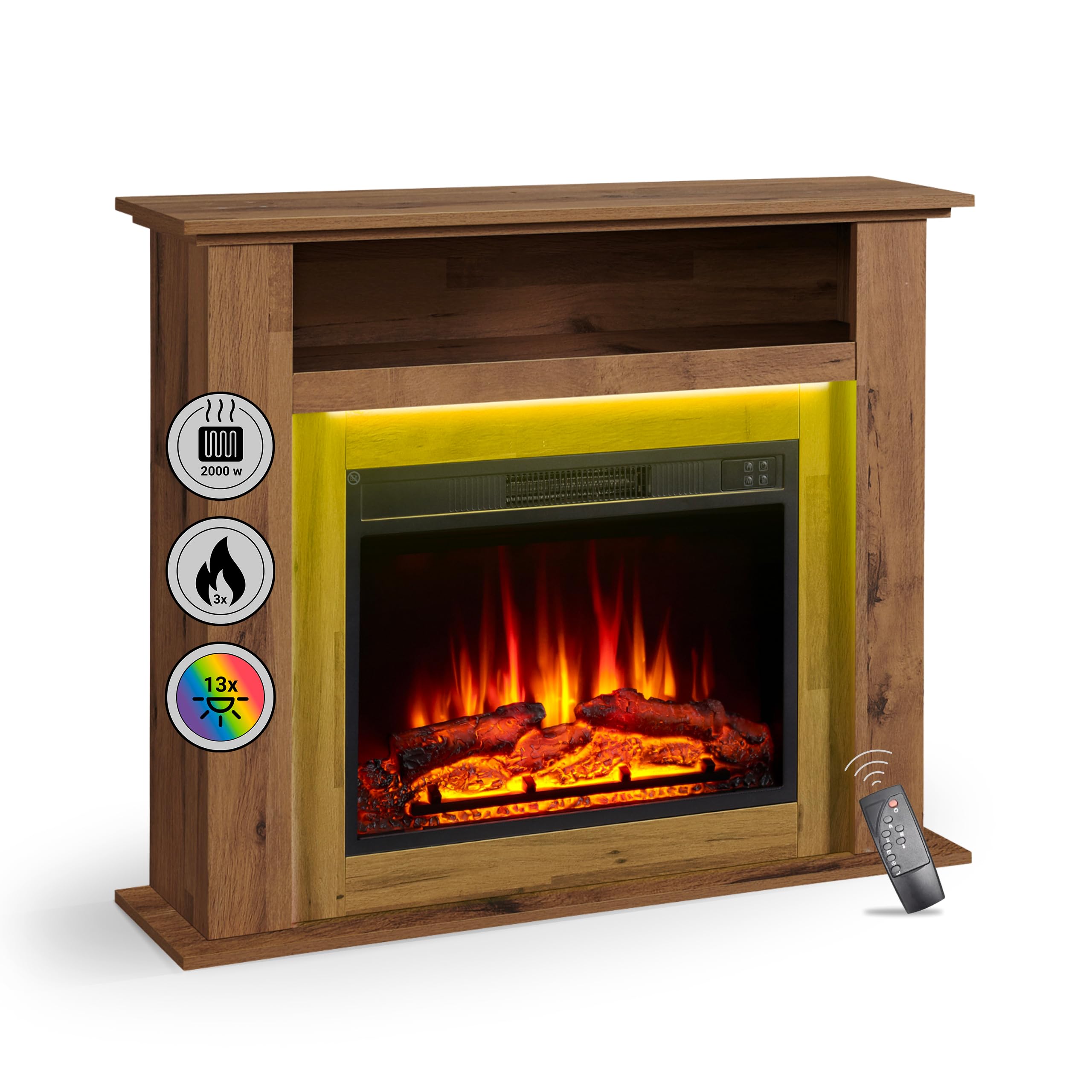 Camino elettrico BALDERIA Liora - Caminetto elettrico con vano portaoggetti, effetto fiamma 3D, illuminazione d'ambiente a LED, riscaldamento 2000W, timer, termostato, telecomando - rovere scuro