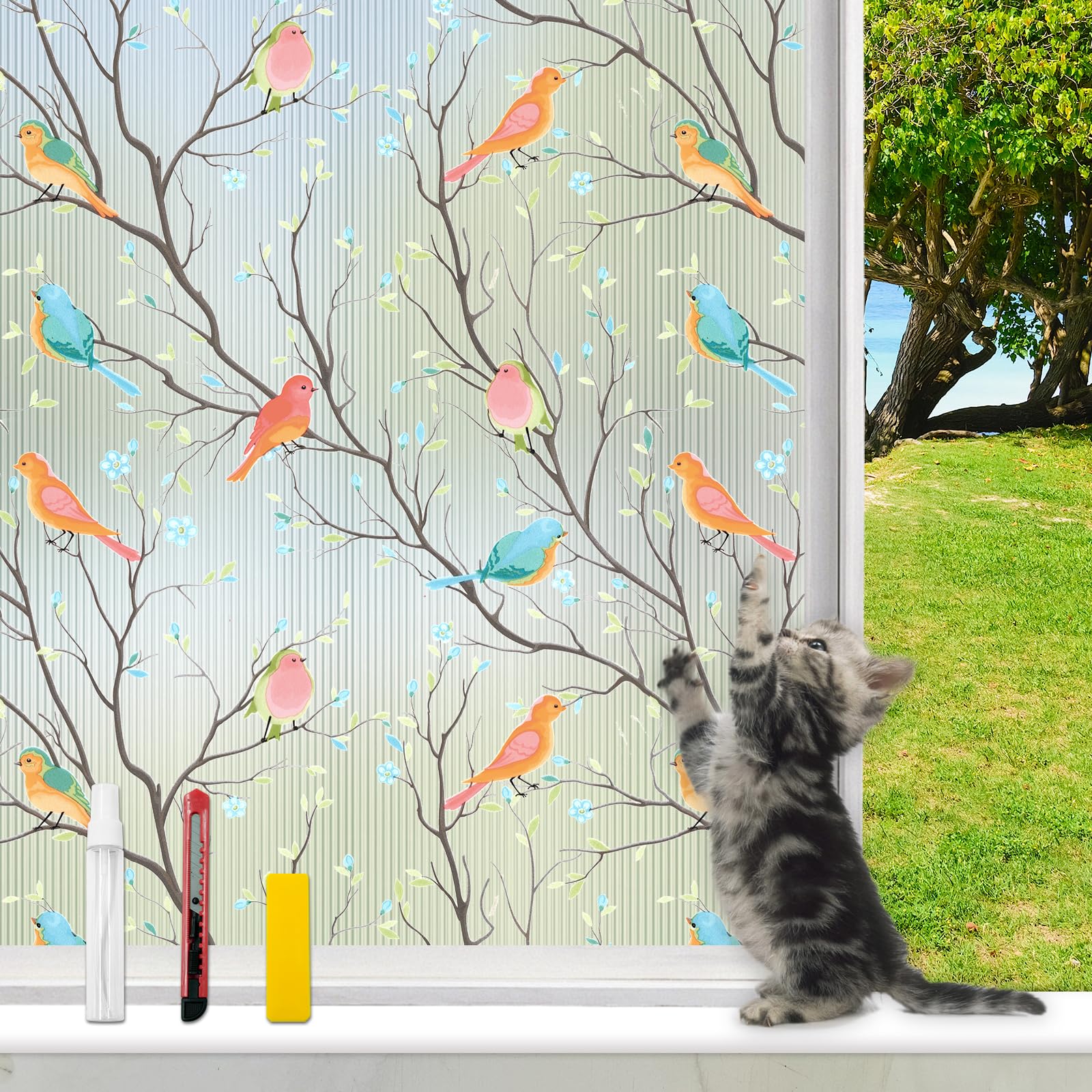 Film de fenêtre occultant réutilisable vitrail oiseaux colorés 4m