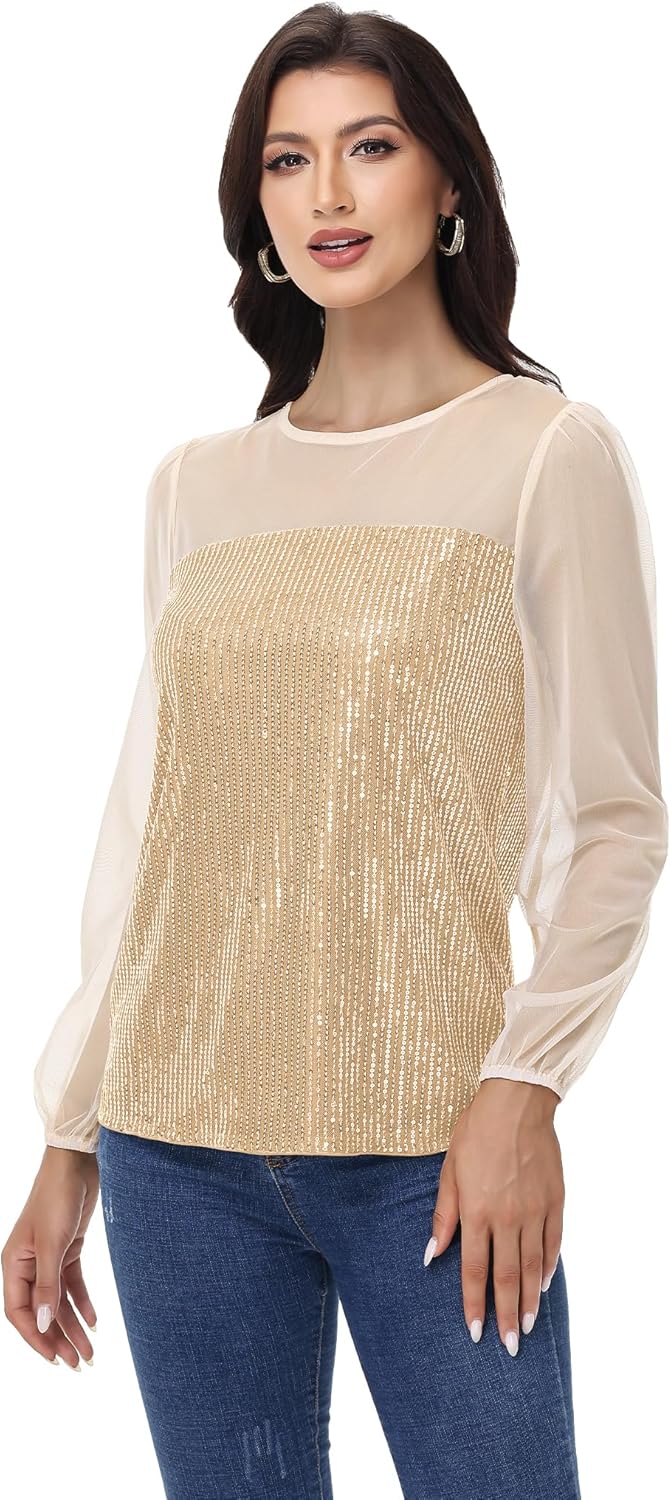Anna-Kaci Women's Long Sleeve Sequin Blouse Sheer Mesh Top Sparkly Shirt for Holiday Party
