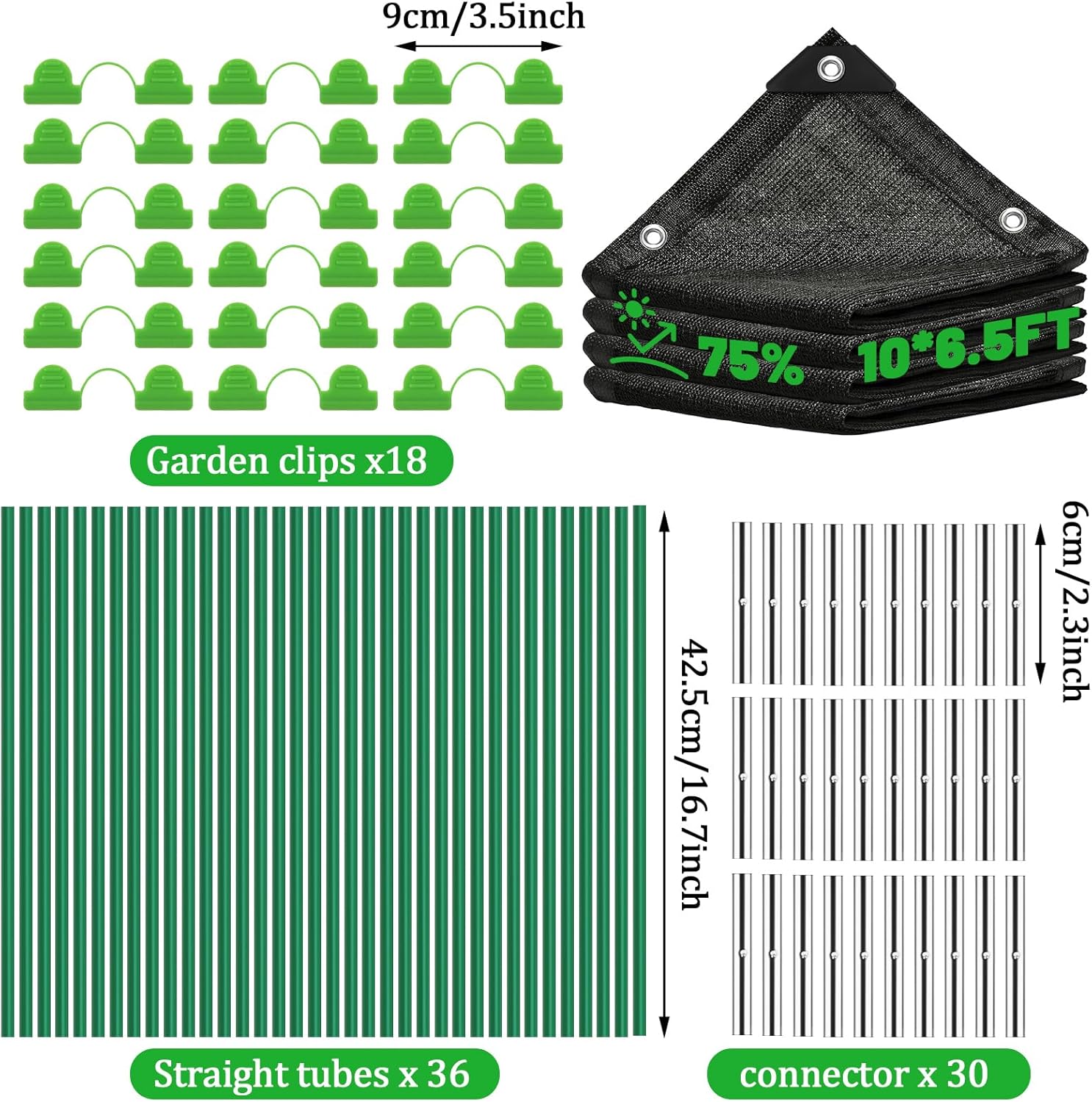 10 X 6.5FT 75% Garden Shade Cloth with Hoops, Plant Shade Cloth Garden Greenhouse Grow Tunnel for Heat Protection, Raised Bed Row Cover Black Netting Tarp for Outdoor Outside Patio Chicken Coops
